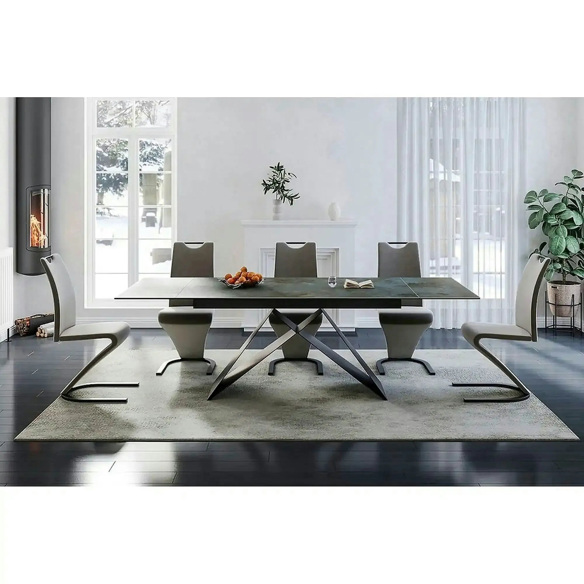 Masa moderna dining WESTIN CERAMIC, sticla securizata/ceramica, turcoaz/negru mat, 160-240x90x77 cm