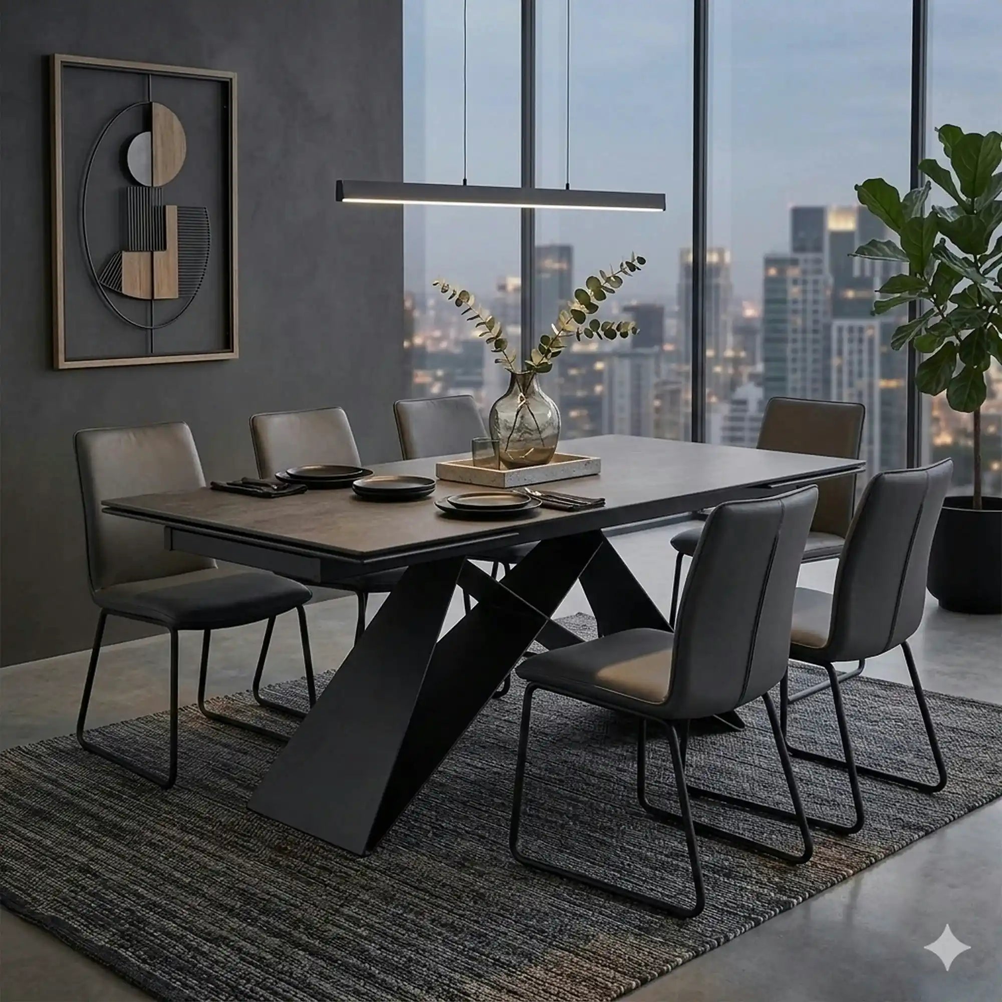 Masa moderna dining WESTIN, gri/negru, sticla/metal, 160-240x90x77 cm
