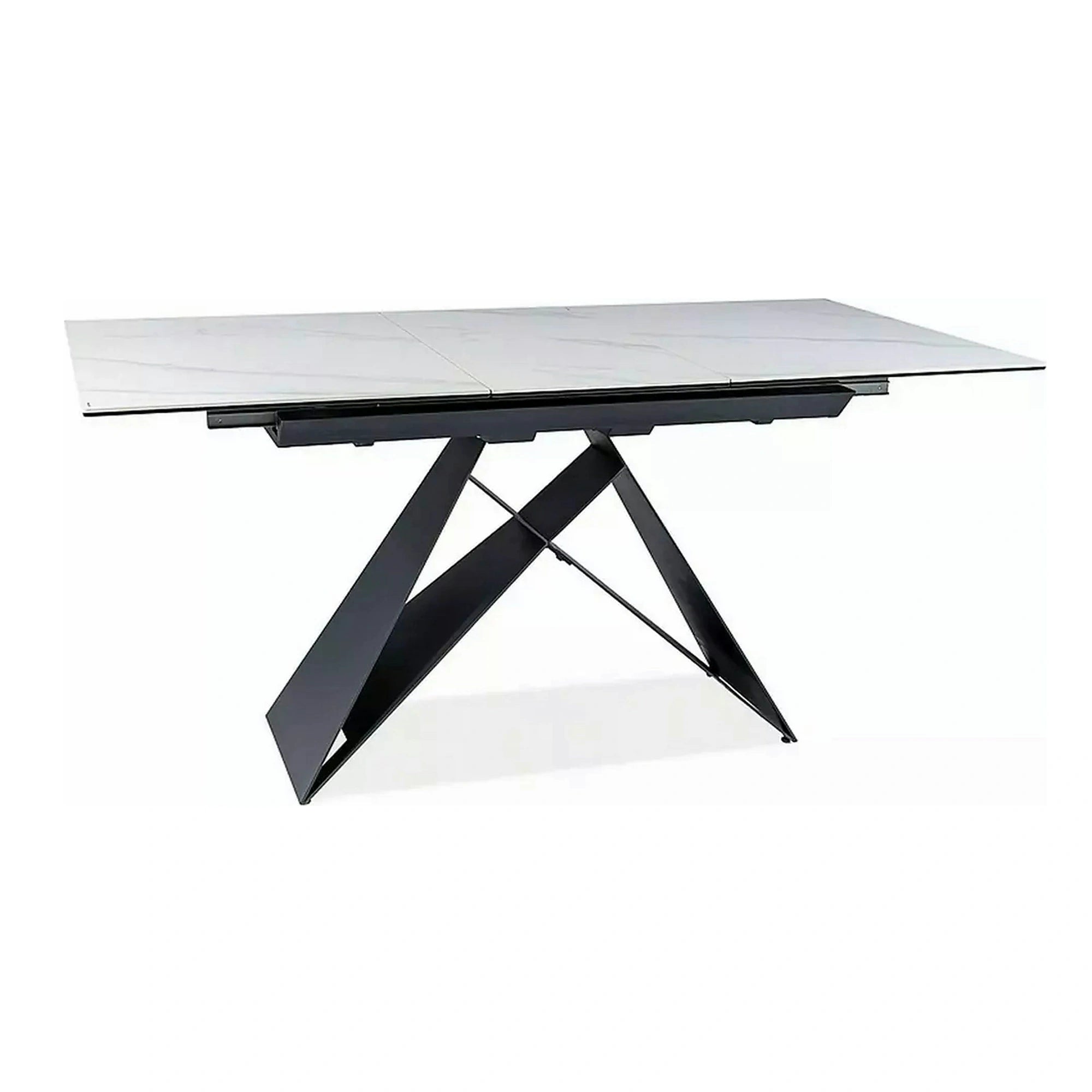 Masa moderna dining Westin SC, alb cu efect de marmura/negru, ceramica/metal/sticla 120/160X80X76 cm