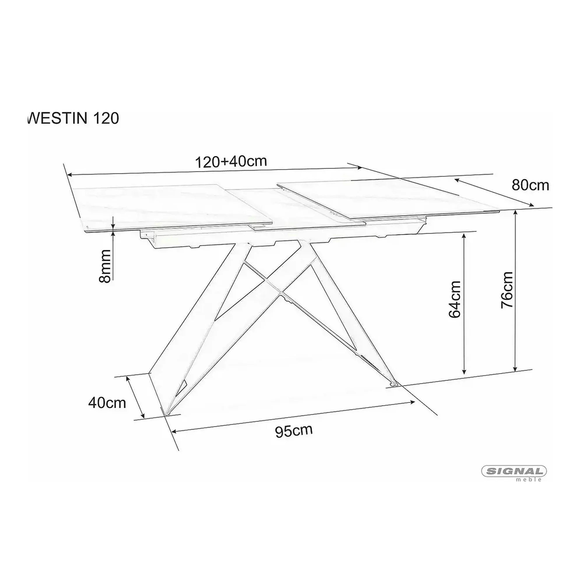 Masa moderna dining Westin SC, alb cu efect de marmura/negru, ceramica/metal/sticla 120/160X80X76 cm