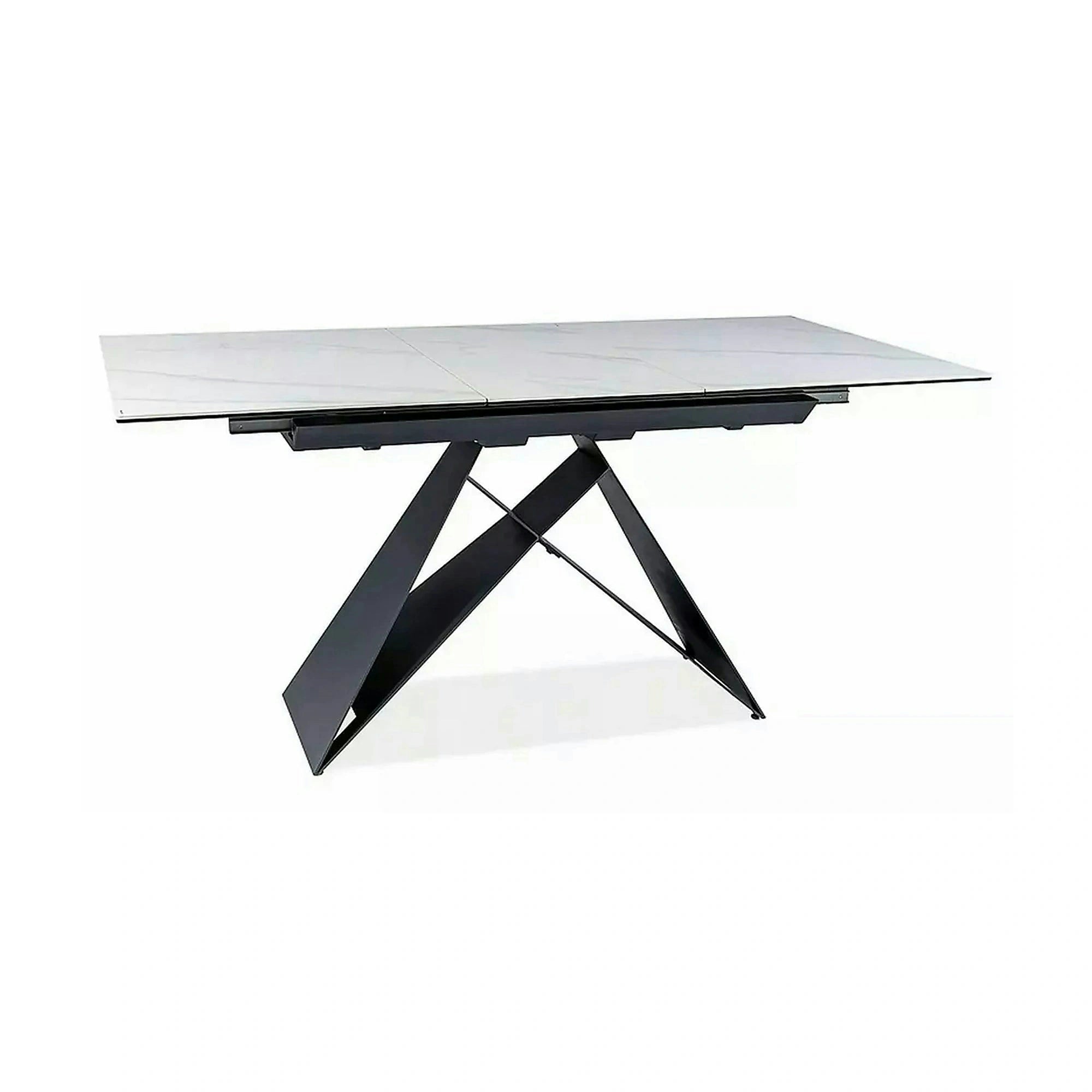 Masa moderna dining Westin SC, alb cu efect de marmura/negru, ceramica/metal/sticla 120/160X80X76 cm
