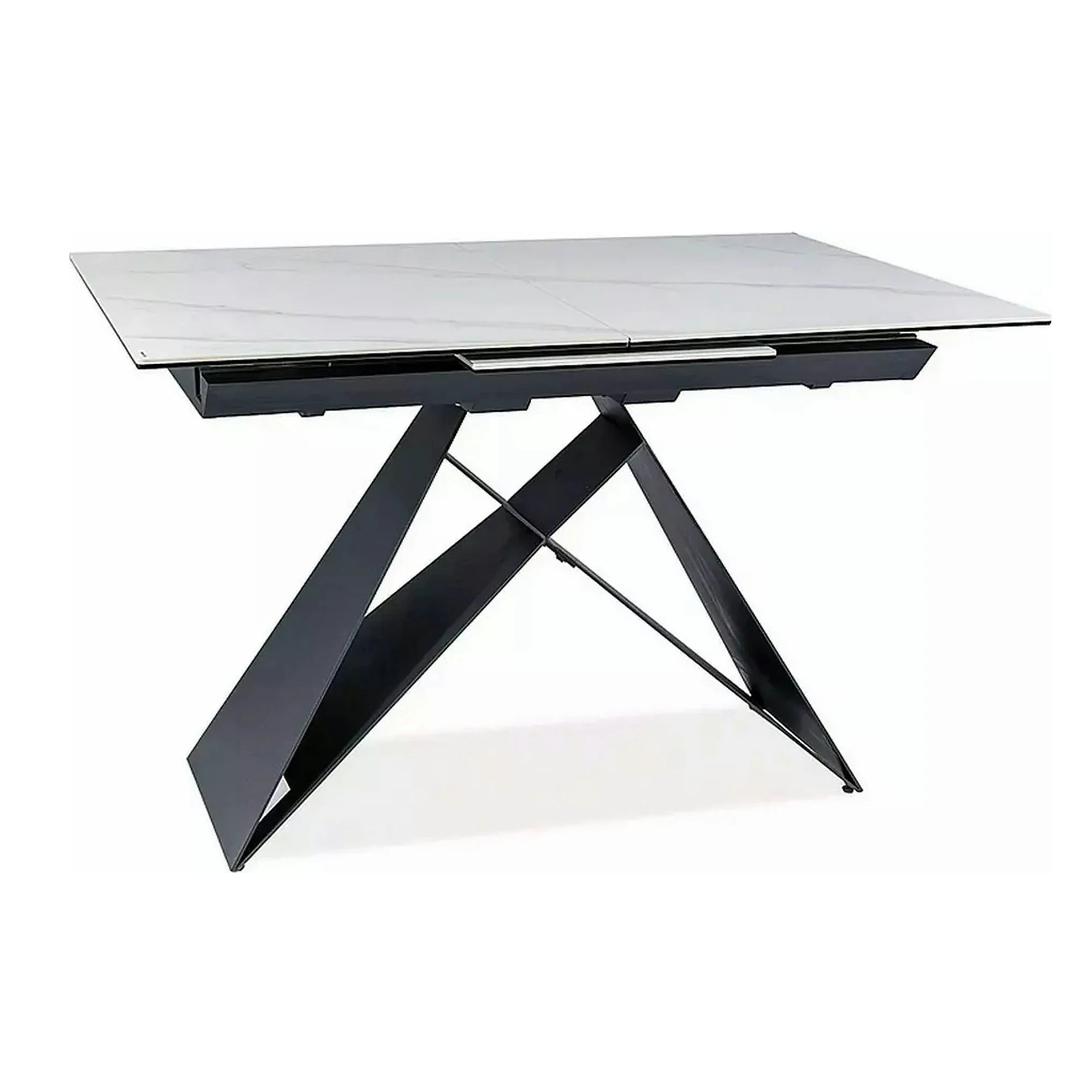 Masa moderna dining Westin SC, alb cu efect de marmura/negru, ceramica/metal/sticla 120/160X80X76 cm