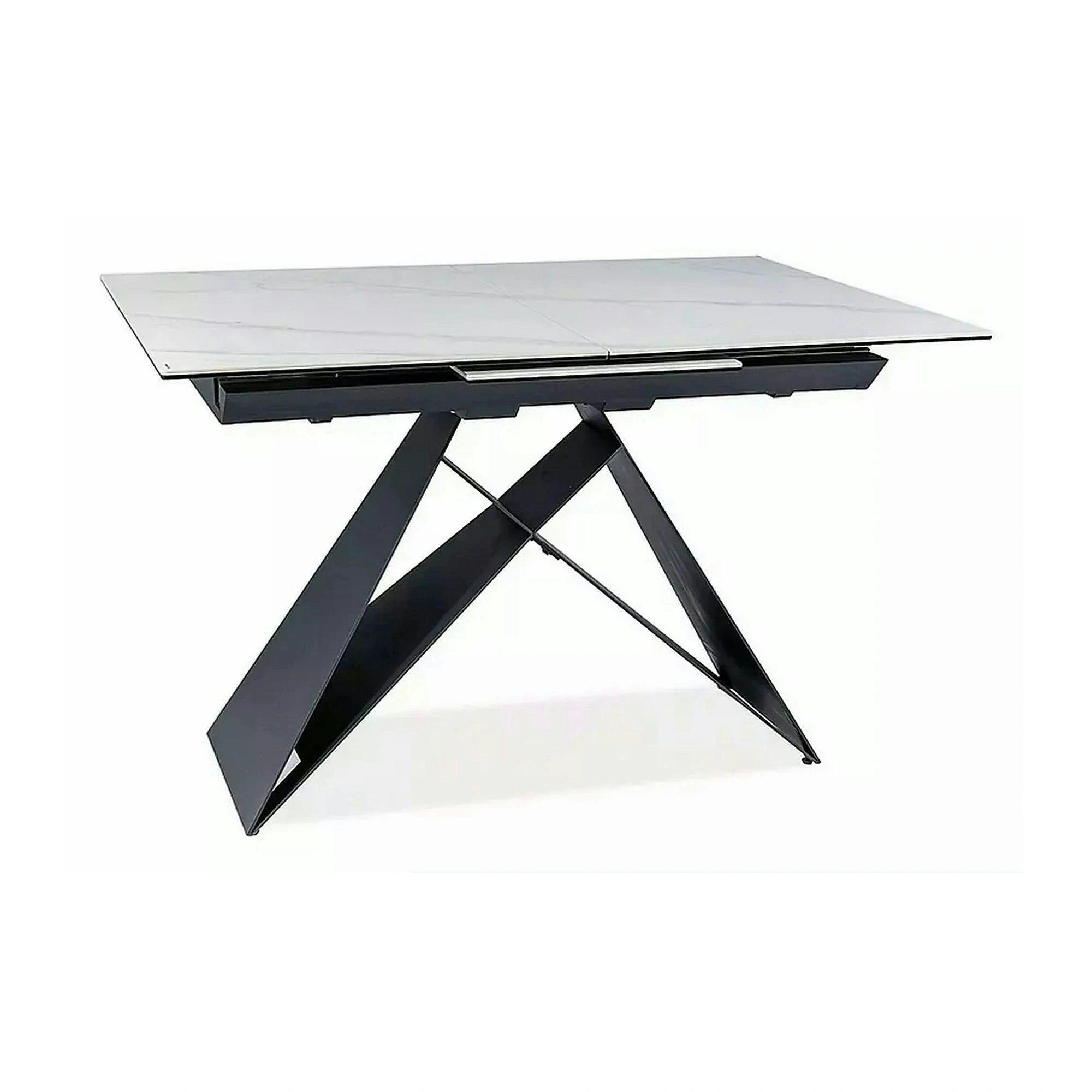 Masa moderna dining Westin SC, alb cu efect de marmura/negru, ceramica/metal/sticla 120/160X80X76 cm