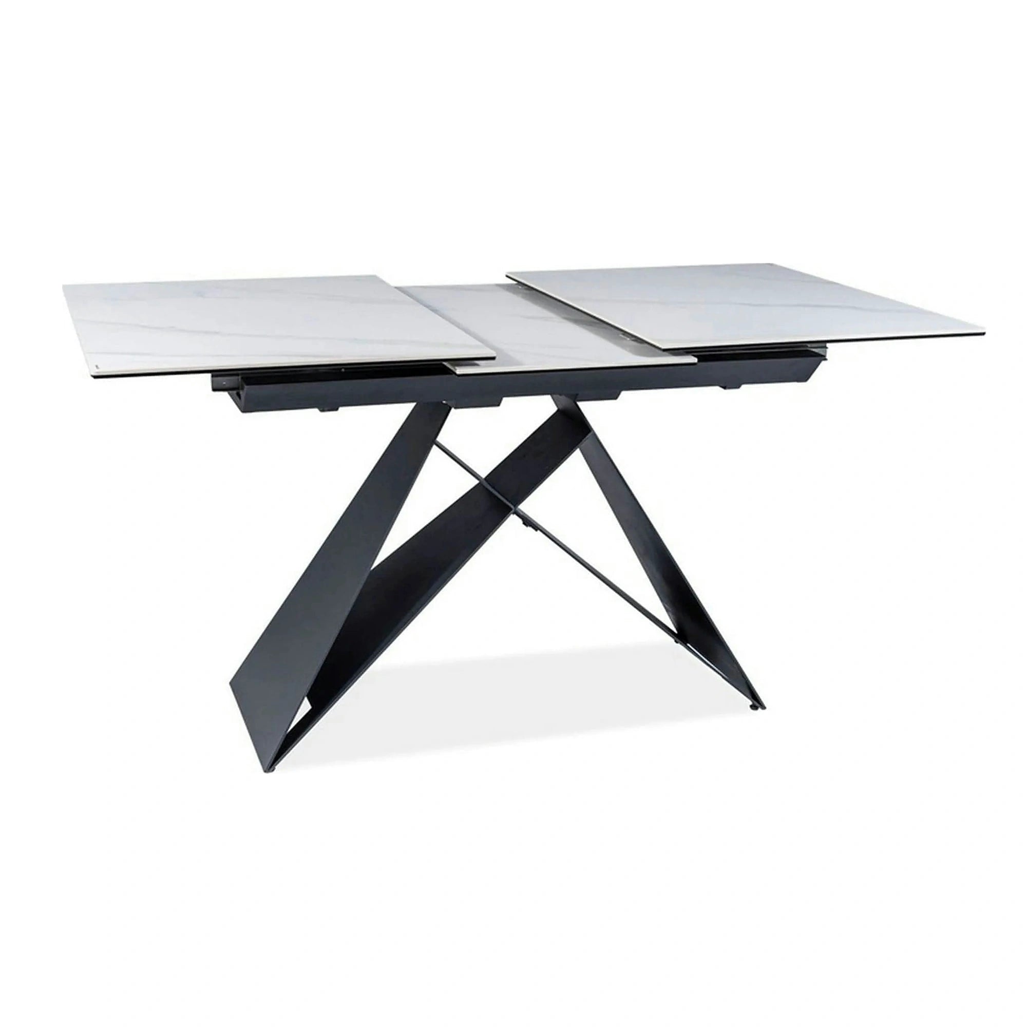 Masa moderna dining Westin SC, alb cu efect de marmura/negru, ceramica/metal/sticla 120/160X80X76 cm