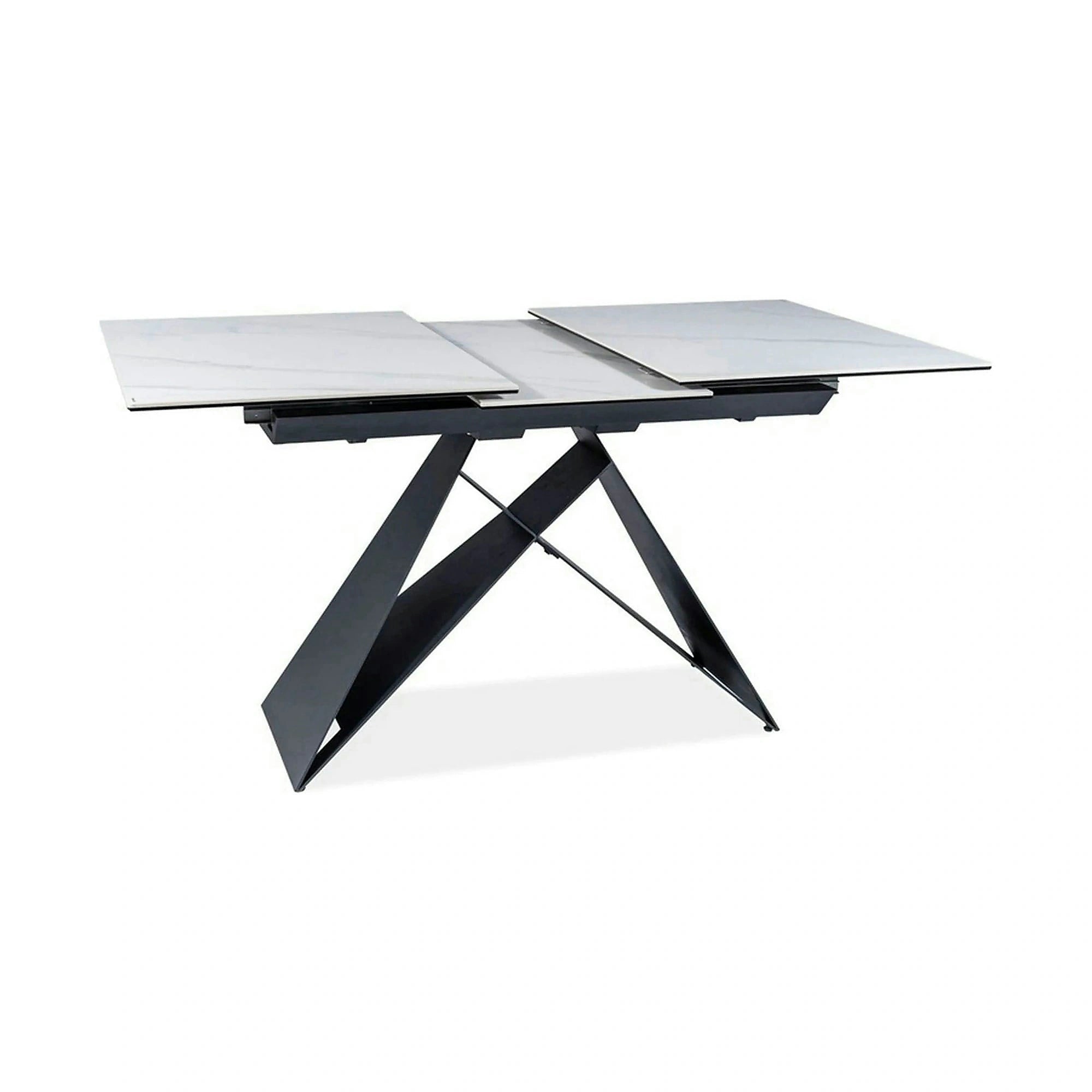 Masa moderna dining Westin SC, alb cu efect de marmura/negru, ceramica/metal/sticla 120/160X80X76 cm