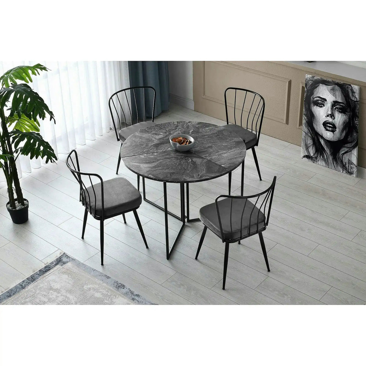 Masa plianta YAPRAK 1202, gri cu efect de marmura/negru, PAL melaminat/metal, 100x72 cm