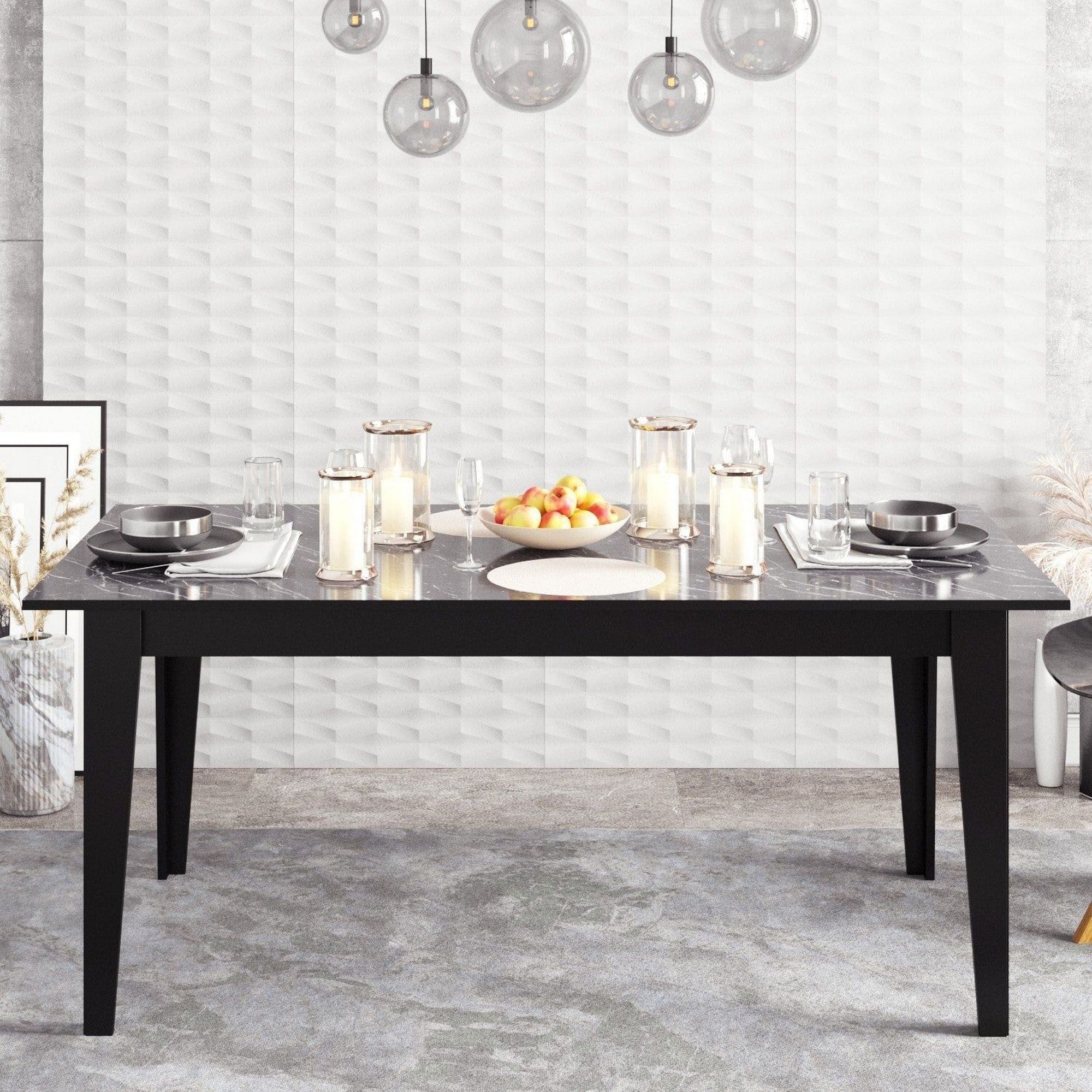 Masa POLK, negru cu efect de marmura, PAL melaminat, 180x90x77 cm