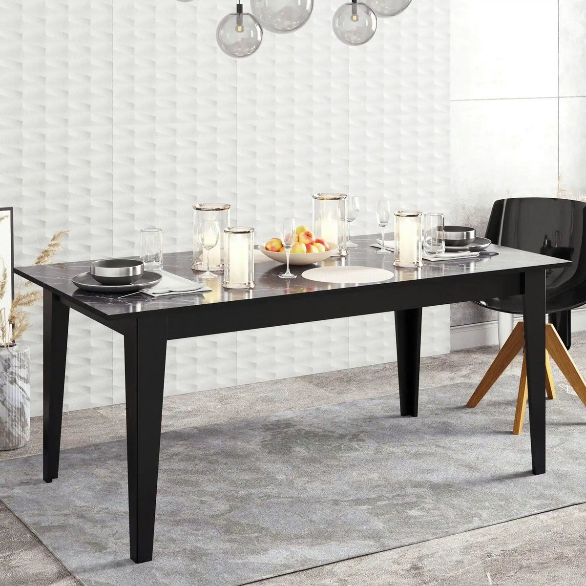 Masa POLK, negru cu efect de marmura, PAL melaminat, 180x90x77 cm