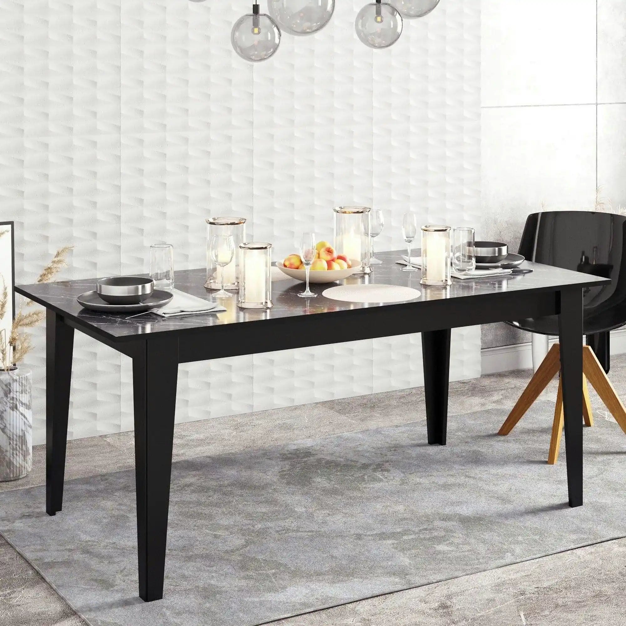 Masa POLK, negru cu efect de marmura, PAL melaminat, 180x90x77 cm