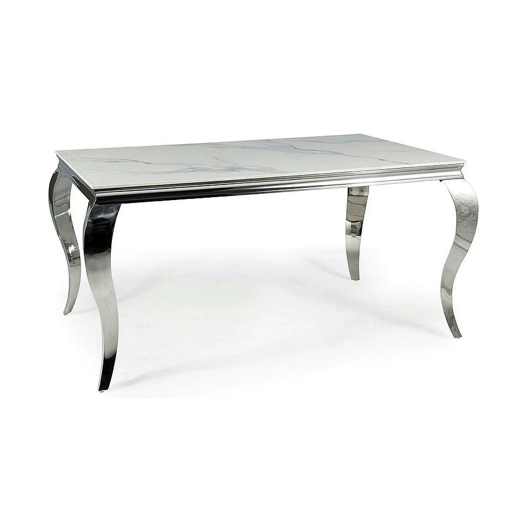 Masa PRINCE, alb cu efect de marmura/crom, ceramica/metal, 150x90x75 cm