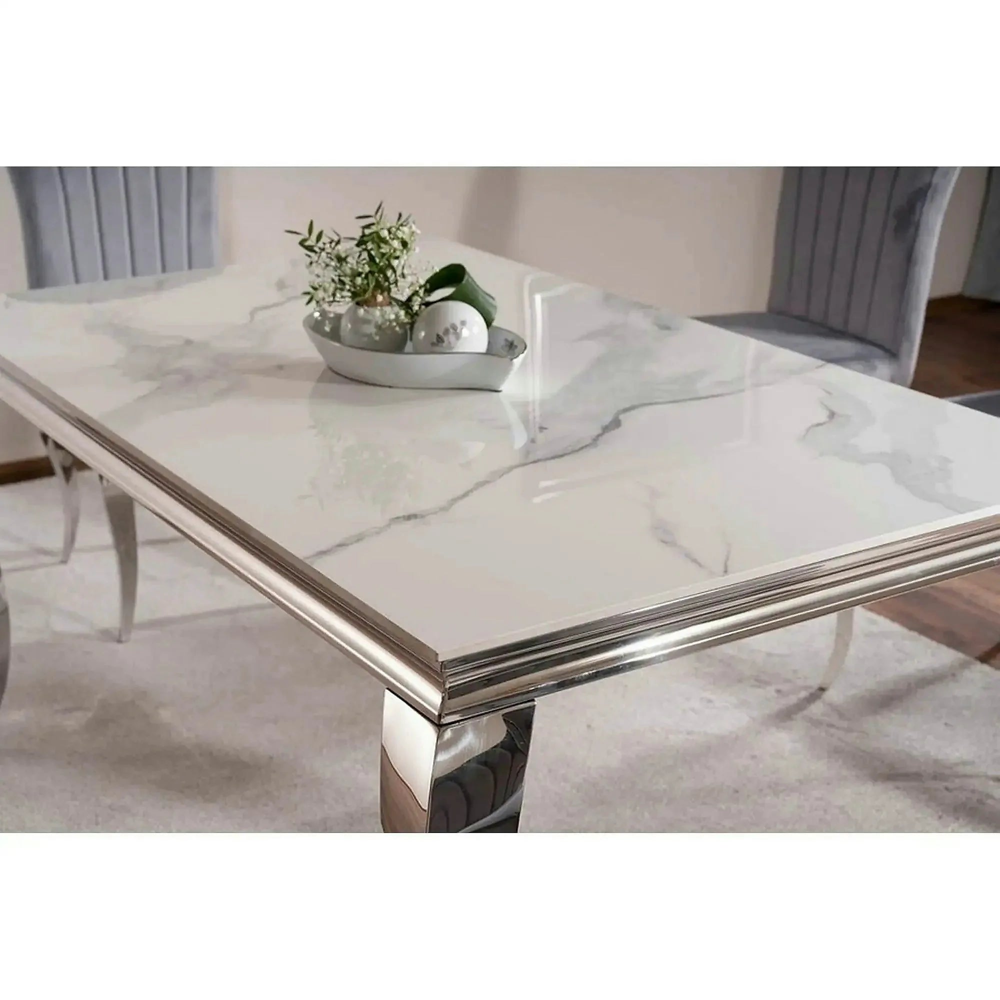 Masa PRINCE, alb cu efect de marmura/crom, ceramica/metal, 150x90x75 cm
