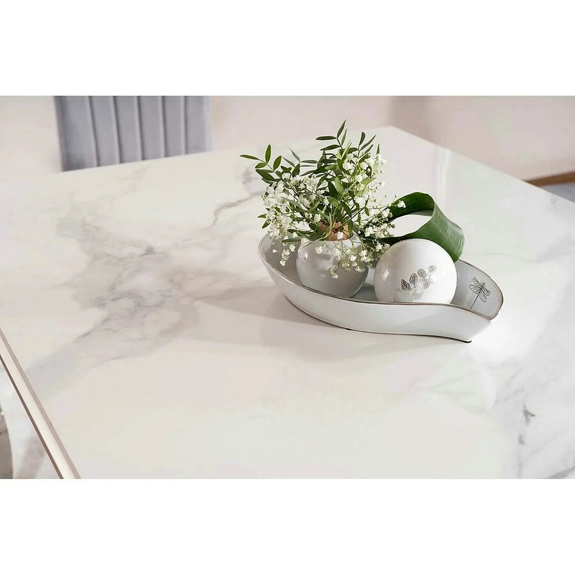 Masa PRINCE, alb cu efect de marmura/crom, ceramica/metal, 150x90x75 cm