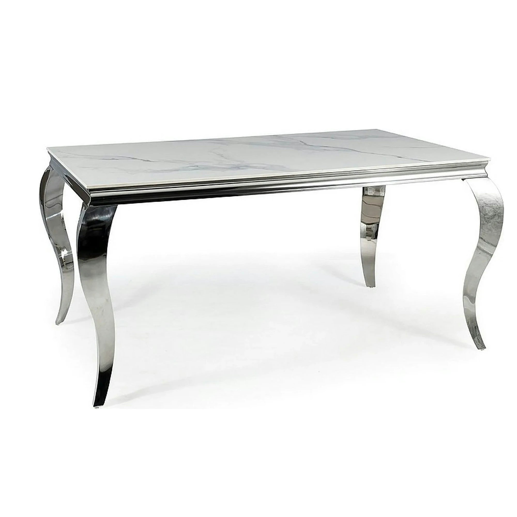 Masa PRINCE, alb cu efect de marmura/crom, ceramica/metal, 180x90x75 cm
