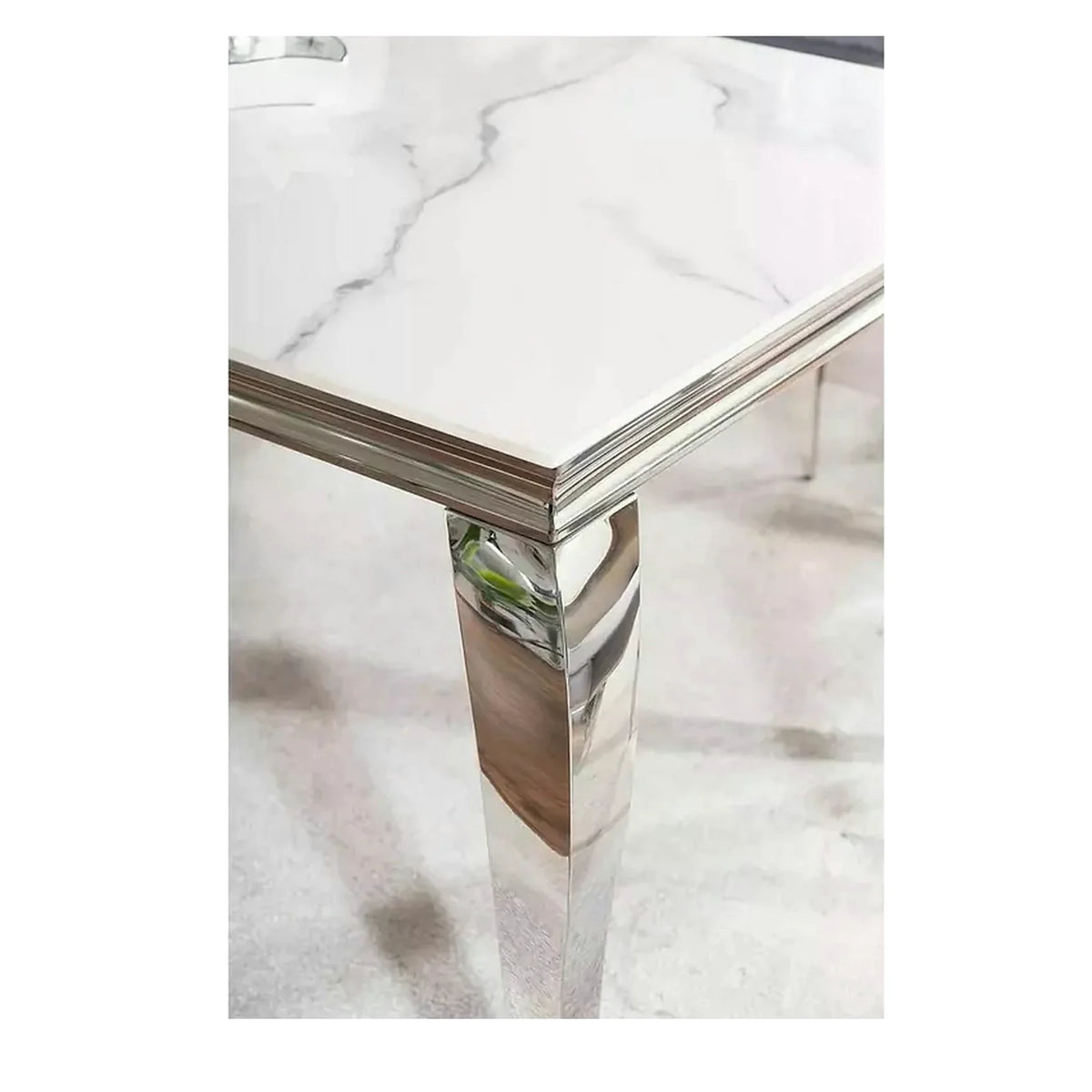 Masa PRINCE, alb cu efect de marmura/crom, ceramica/metal, 180x90x75 cm