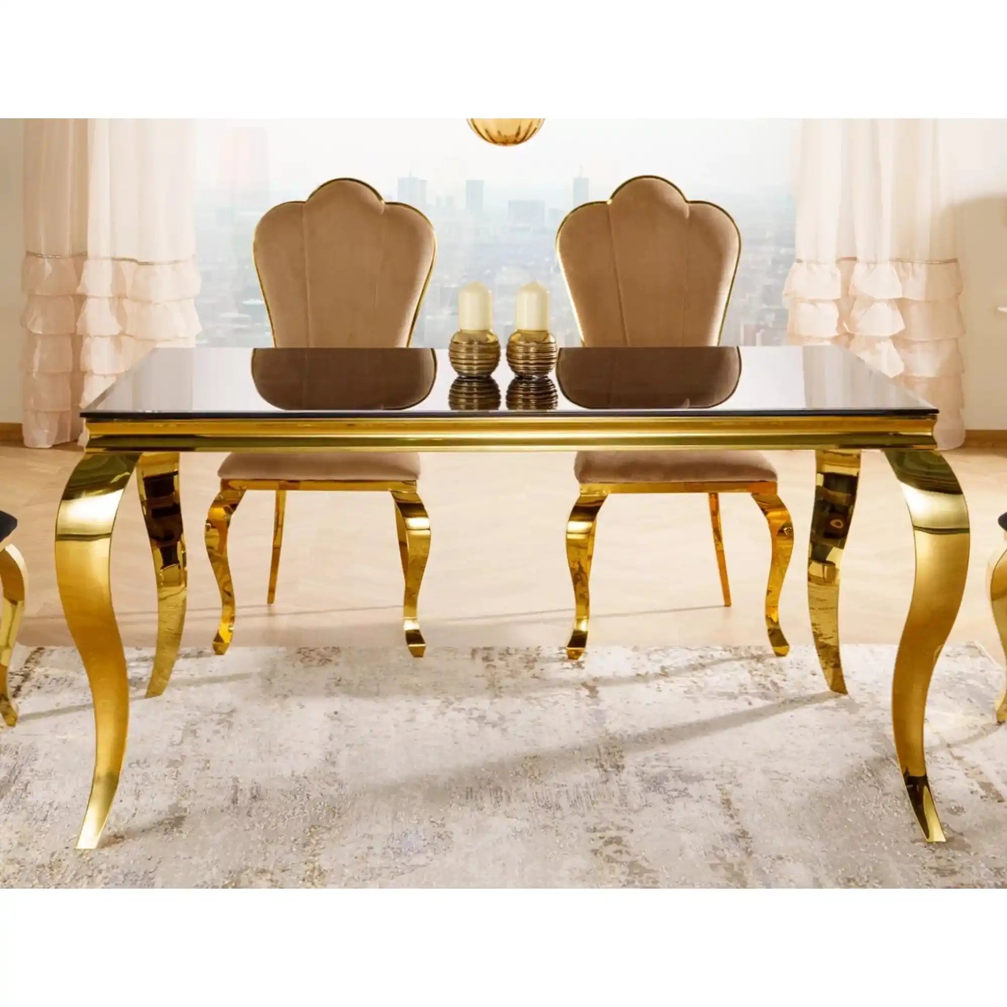 Masa PRINCE, negru/auriu, sticla/metal, 150x90x75 cm