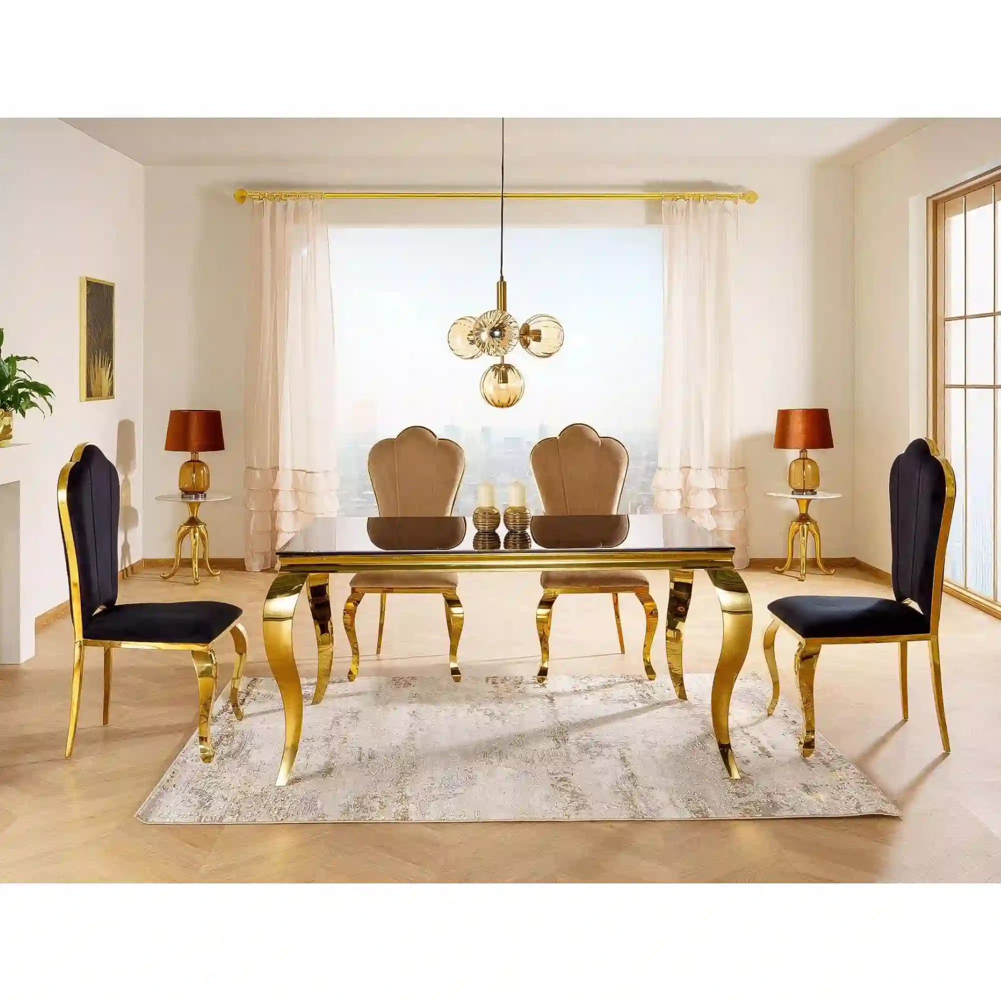 Masa PRINCE, negru/auriu, sticla/metal, 150x90x75 cm