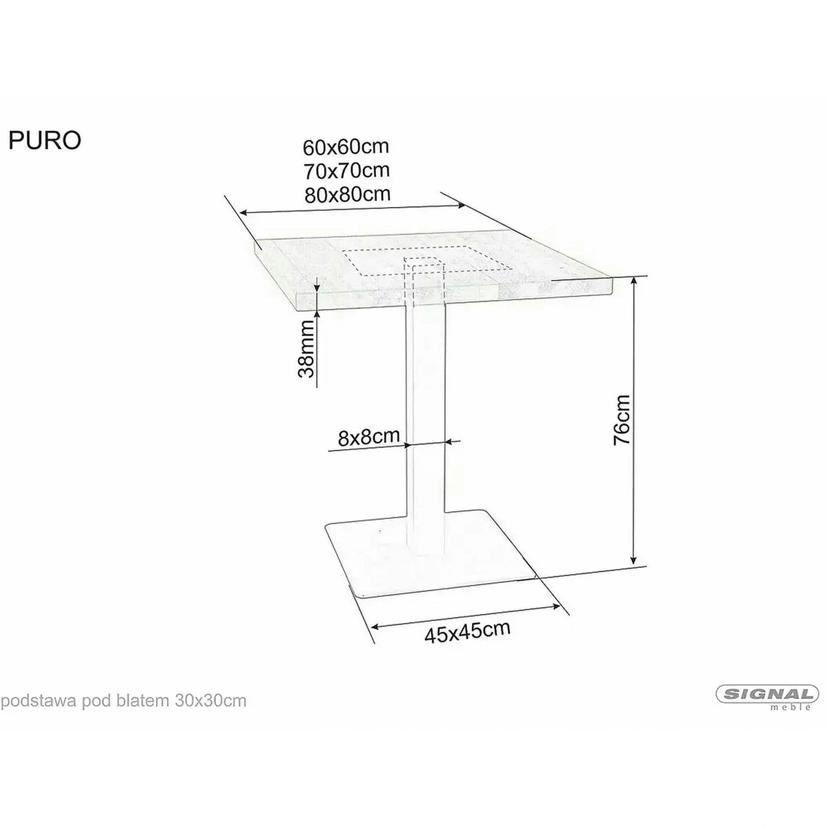 Masa PURO, stejar/negru, PAL laminat/metal, 70x70x76 cm