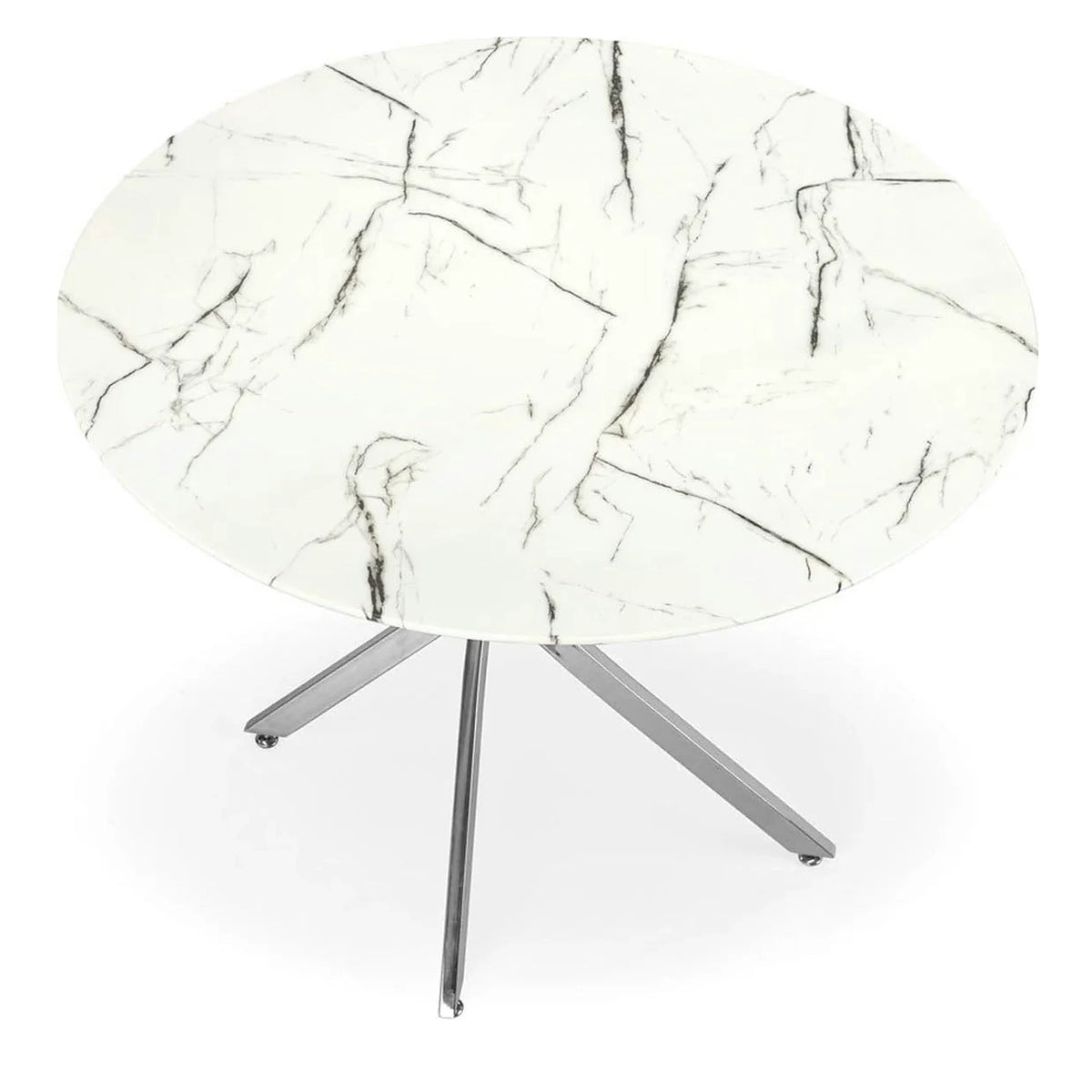 Masa RAYMOND 3, alb cu efect de marmura/argintiu, sticla/otel, 100x100x73 cm