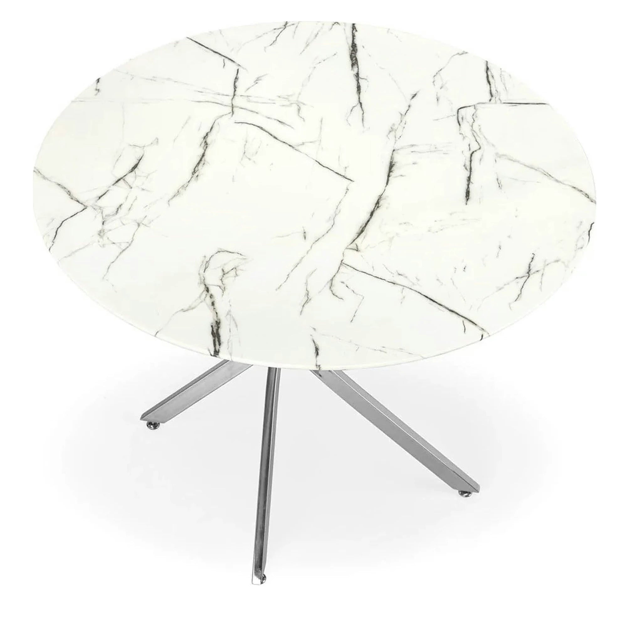Masa RAYMOND 3, alb cu efect de marmura/argintiu, sticla/otel, 100x100x73 cm