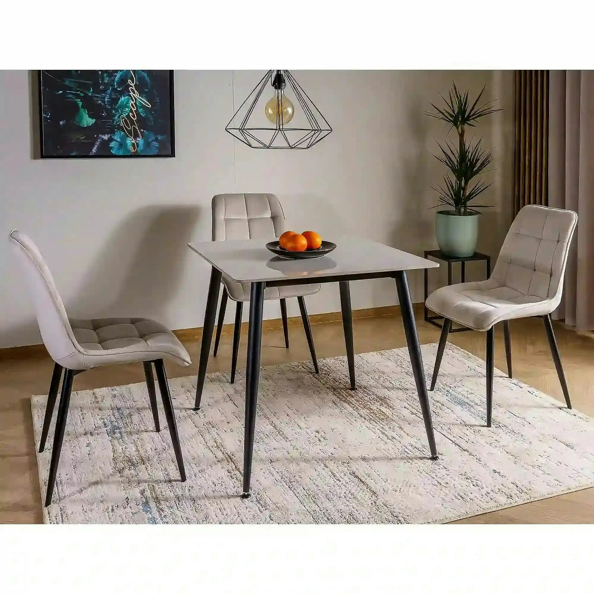 Masa RION, alb cu efect de marmura/negru, ceramica/metal, 80x80x76 cm