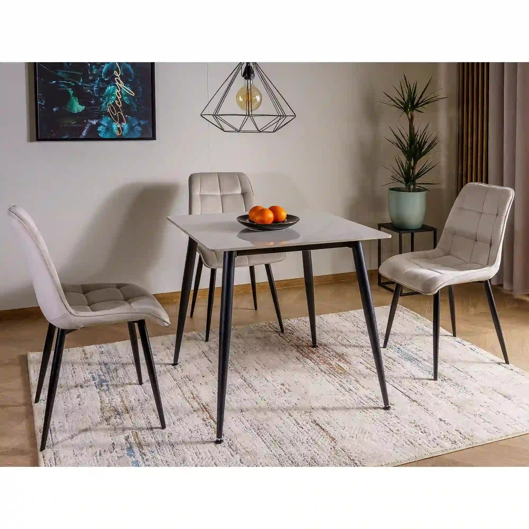 Masa RION, alb cu efect de marmura/negru, ceramica/metal, 80x80x76 cm