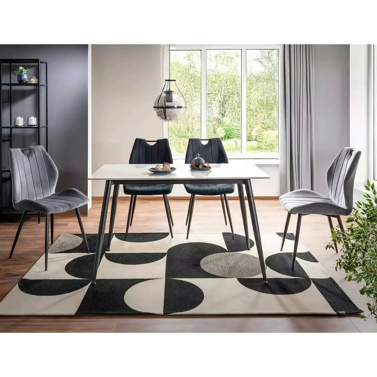 Masa RION, alb cu efect de marmura/negru mat, ceramica/metal, 130x70x76 cm