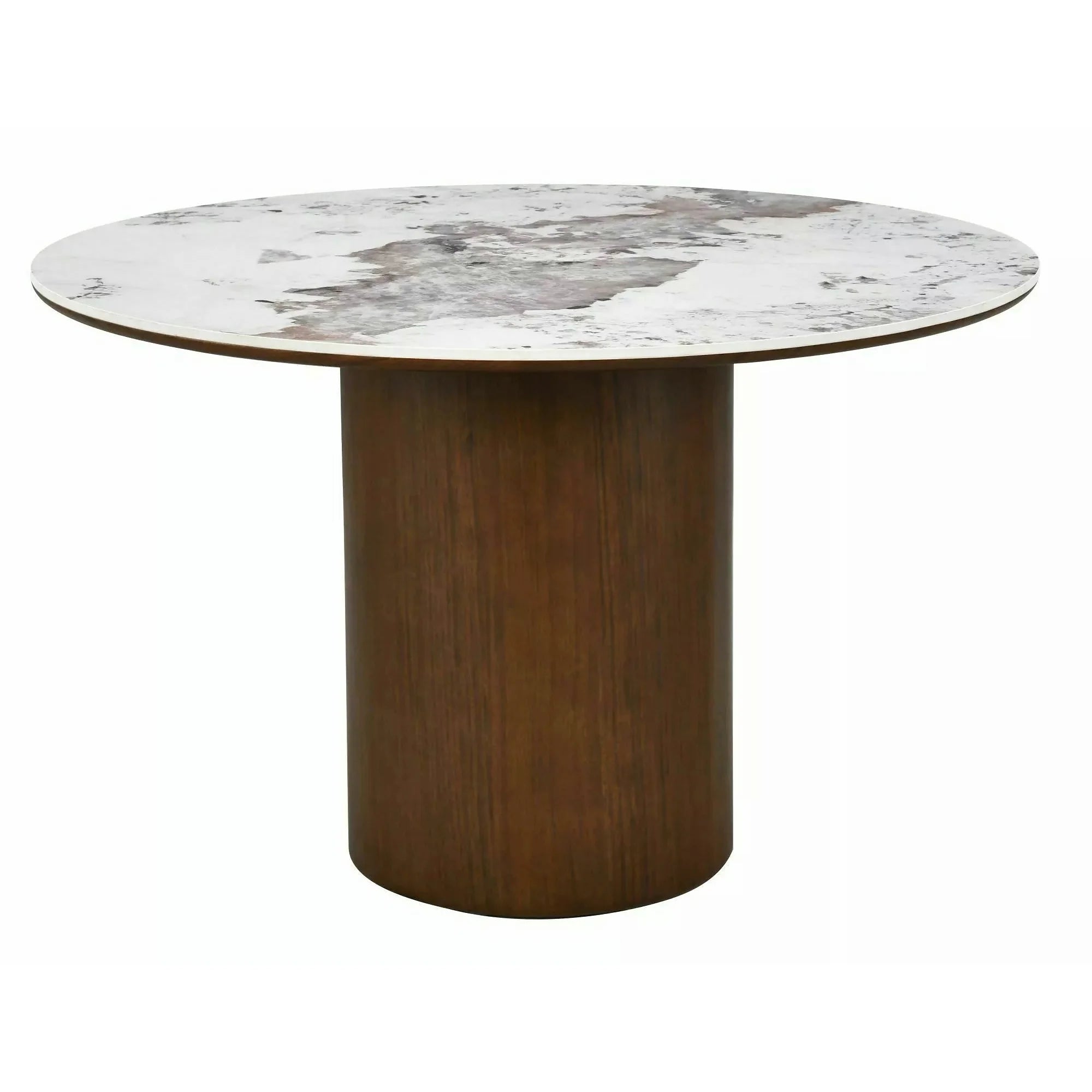 Masă RONDO, alb lucios/nuc, ceramică/furnir/MDF, Ø120x76 cm