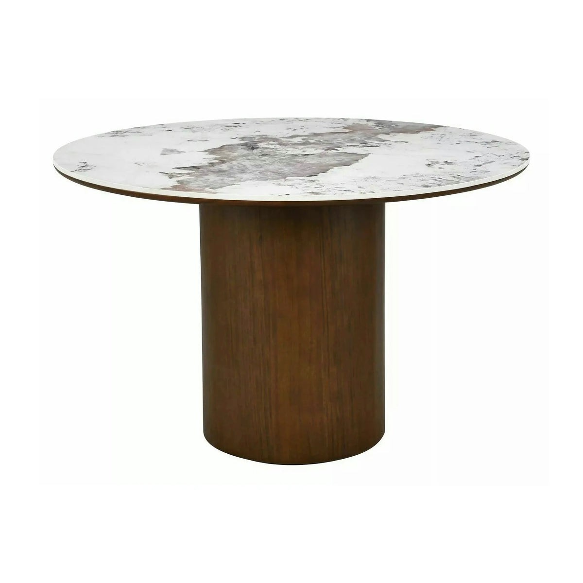Masă RONDO, alb lucios/nuc, ceramică/furnir/MDF, Ø120x76 cm