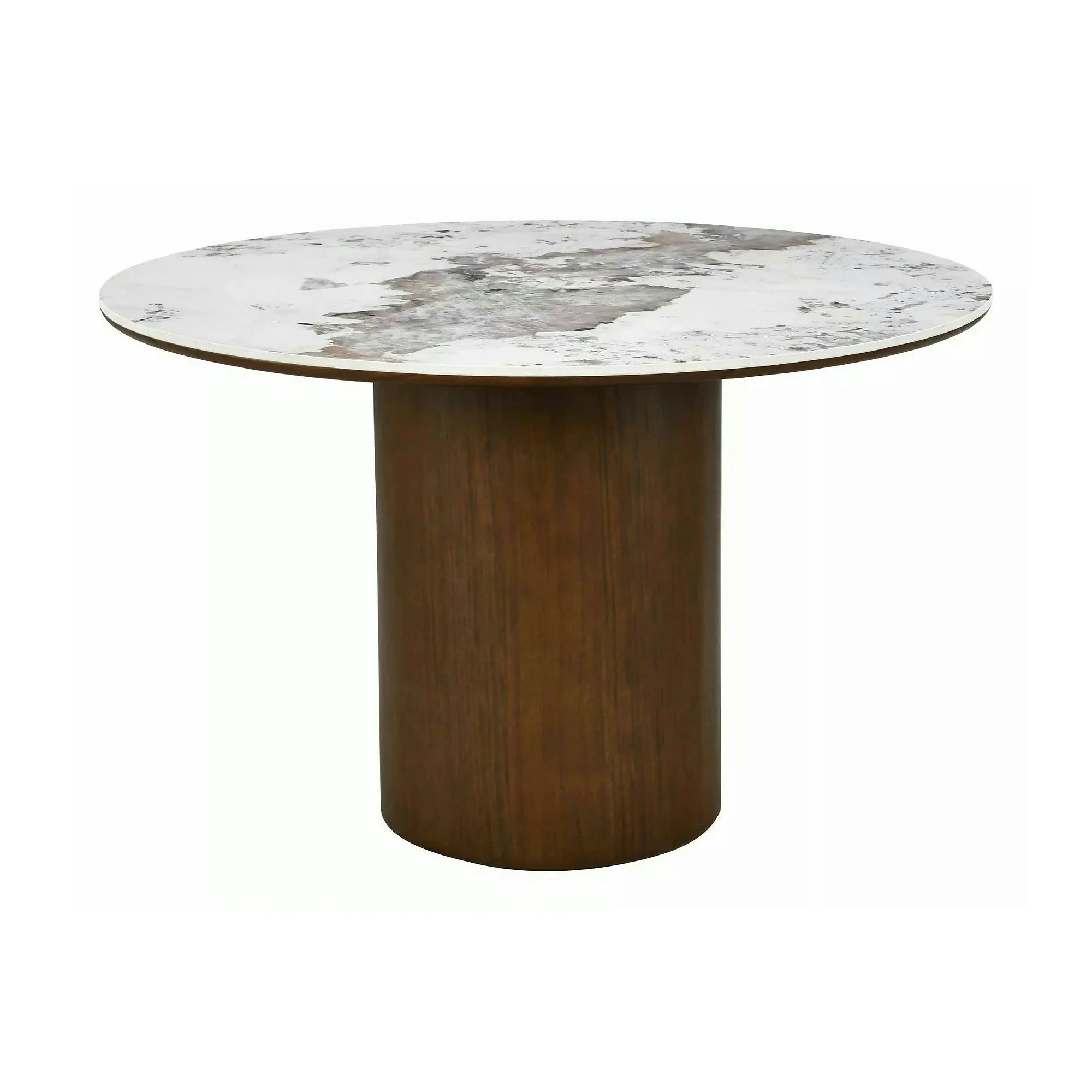 Masă RONDO, alb lucios/nuc, ceramică/furnir/MDF, Ø120x76 cm