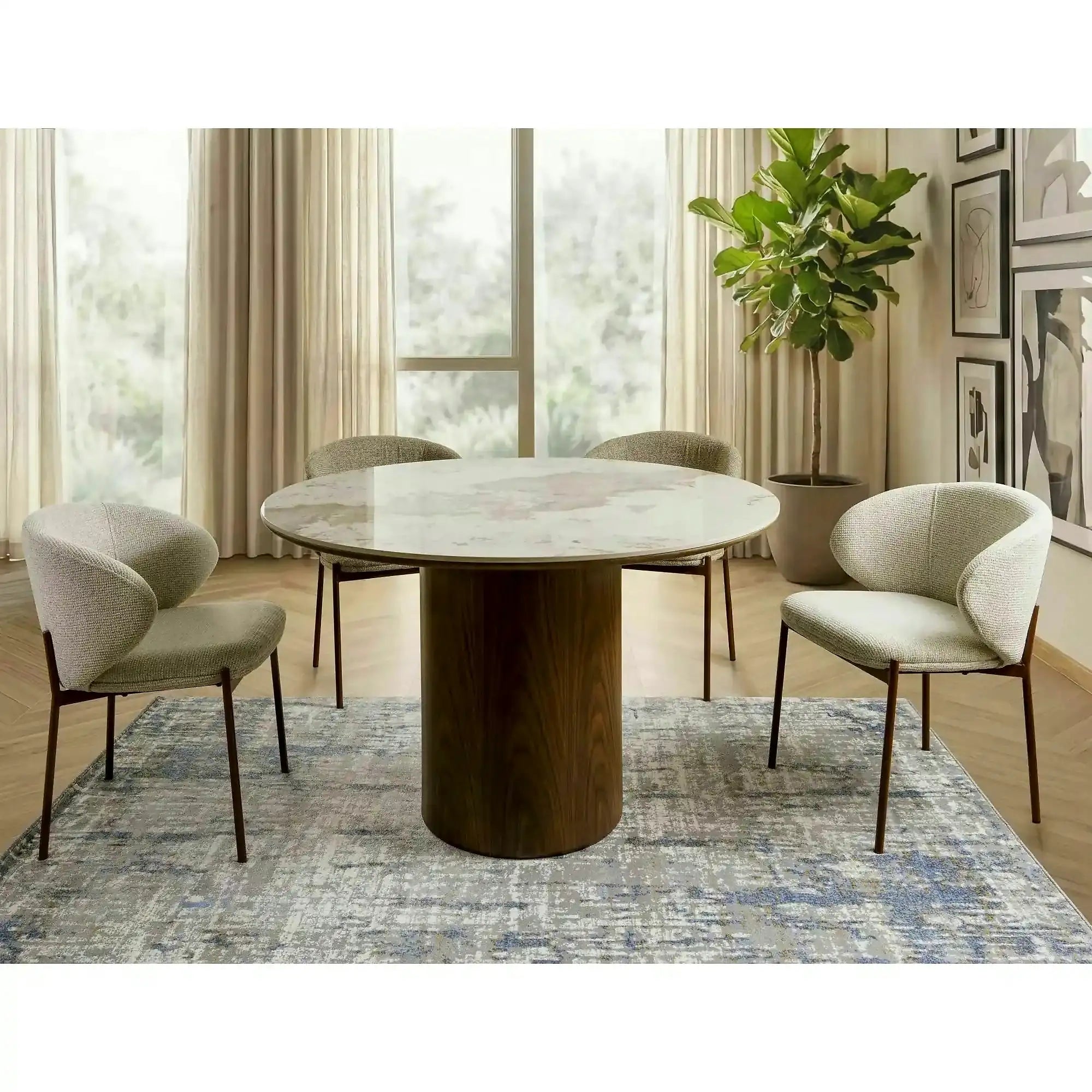 Masă RONDO, alb lucios/nuc, ceramică/furnir/MDF, Ø120x76 cm