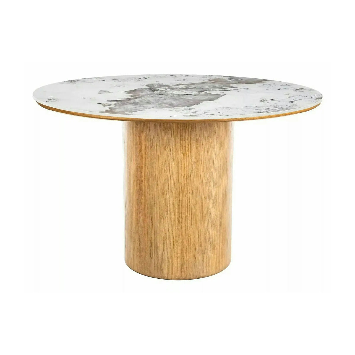 Masă RONDO, alb lucios/stejar, ceramică/furnir/MDF, Ø120x76 cm