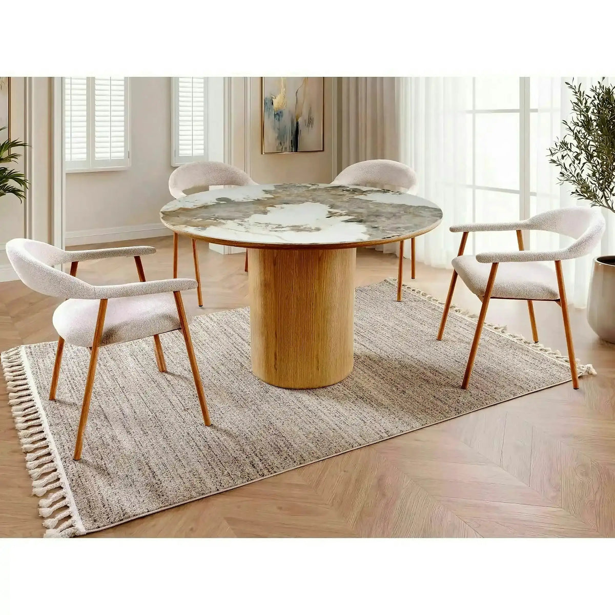 Masă RONDO, alb lucios/stejar, ceramică/furnir/MDF, Ø120x76 cm