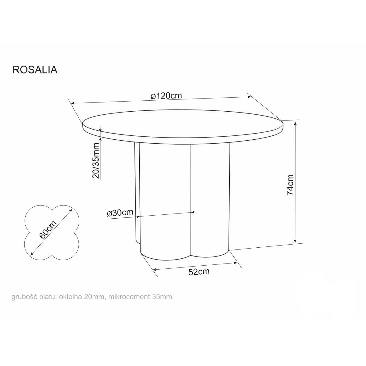 Masă ROSALIA, ecru, MDF/microciment, Ø120x74 cm