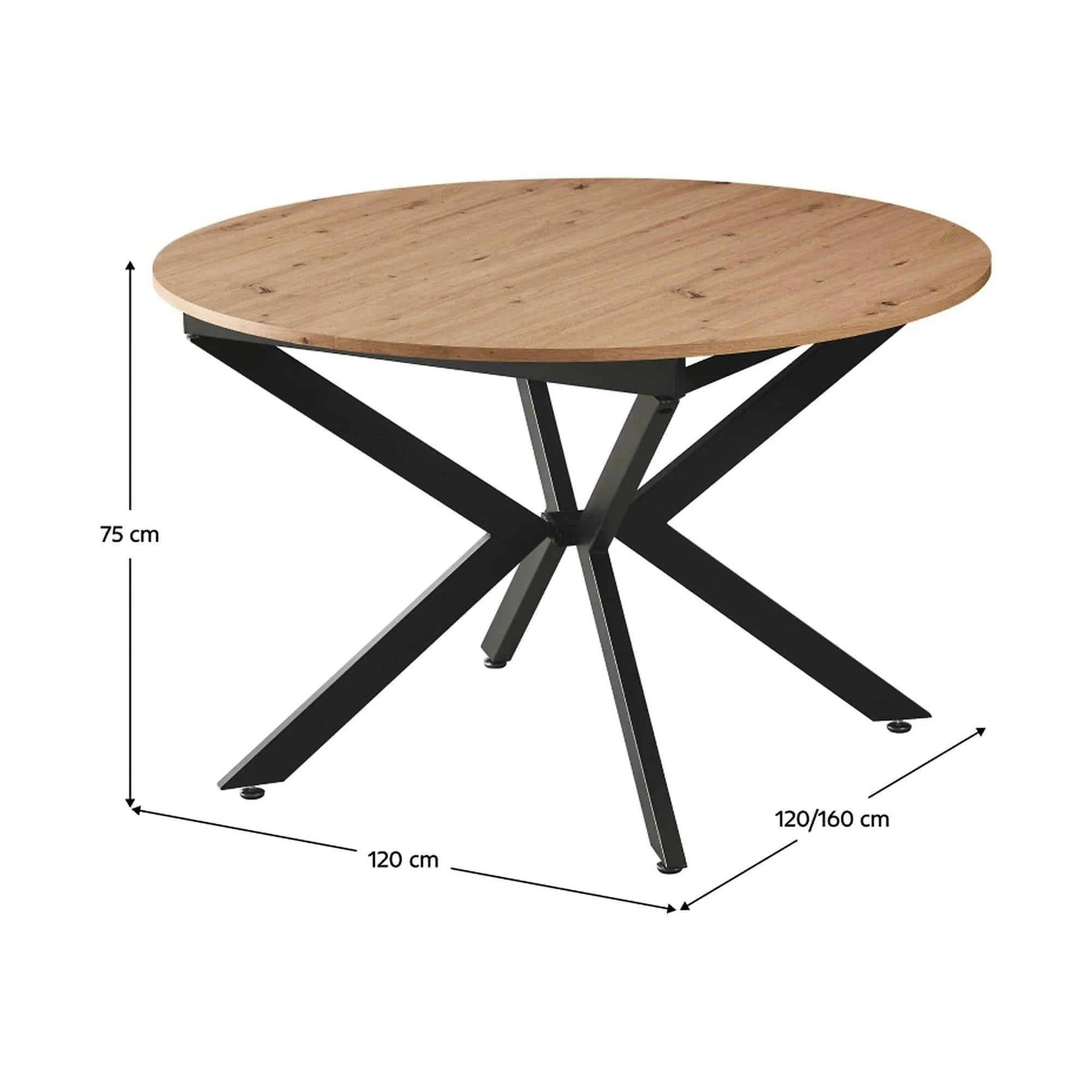 Masa rotunda bucatarie extensibila ABERO TIP 2, stejar artisan/negru, 120/160x120x75 cm