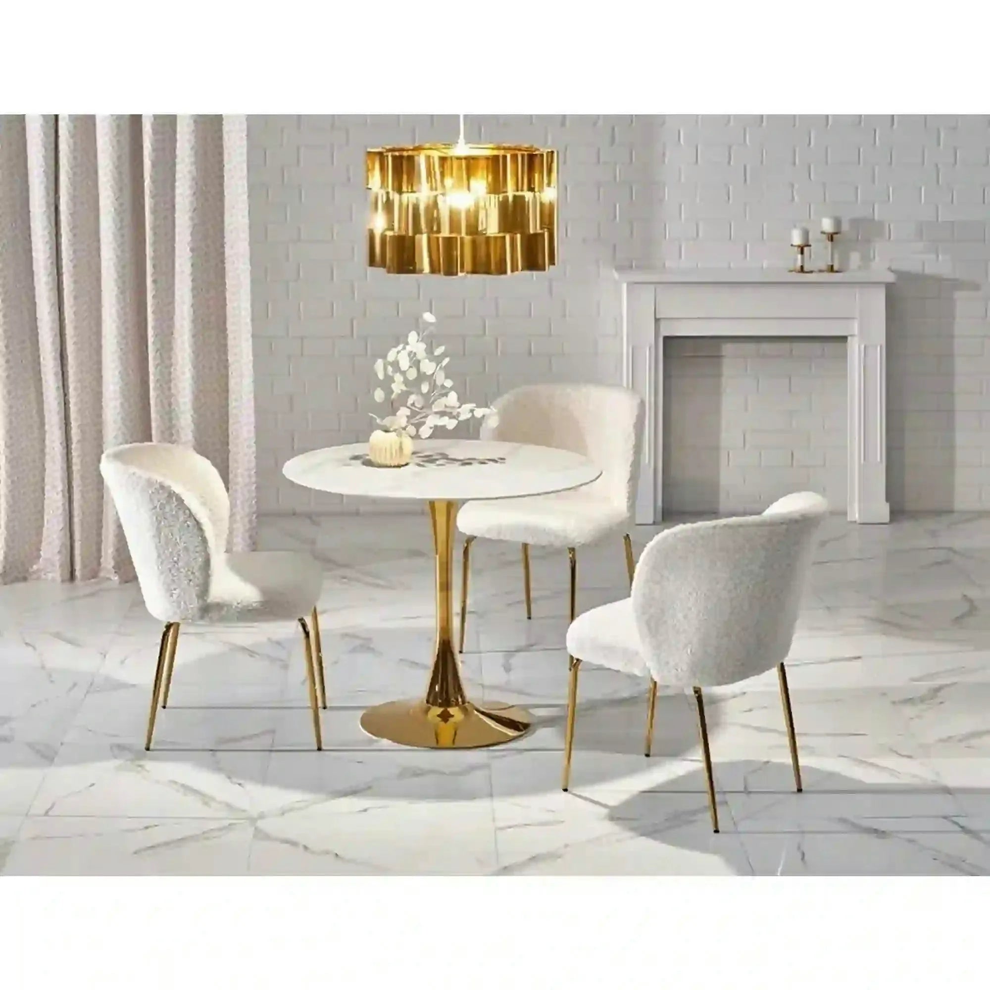 Masa rotunda cu blat de sticla CASEMIRO, alb cu efect de marmura/auriu, 90x90x75 cm
