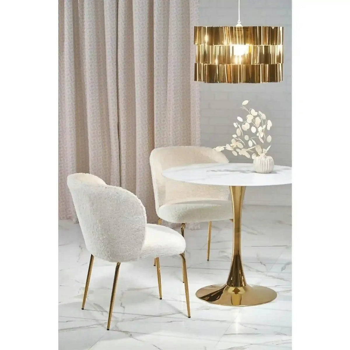 Masa rotunda cu blat de sticla CASEMIRO, alb cu efect de marmura/auriu, 90x90x75 cm