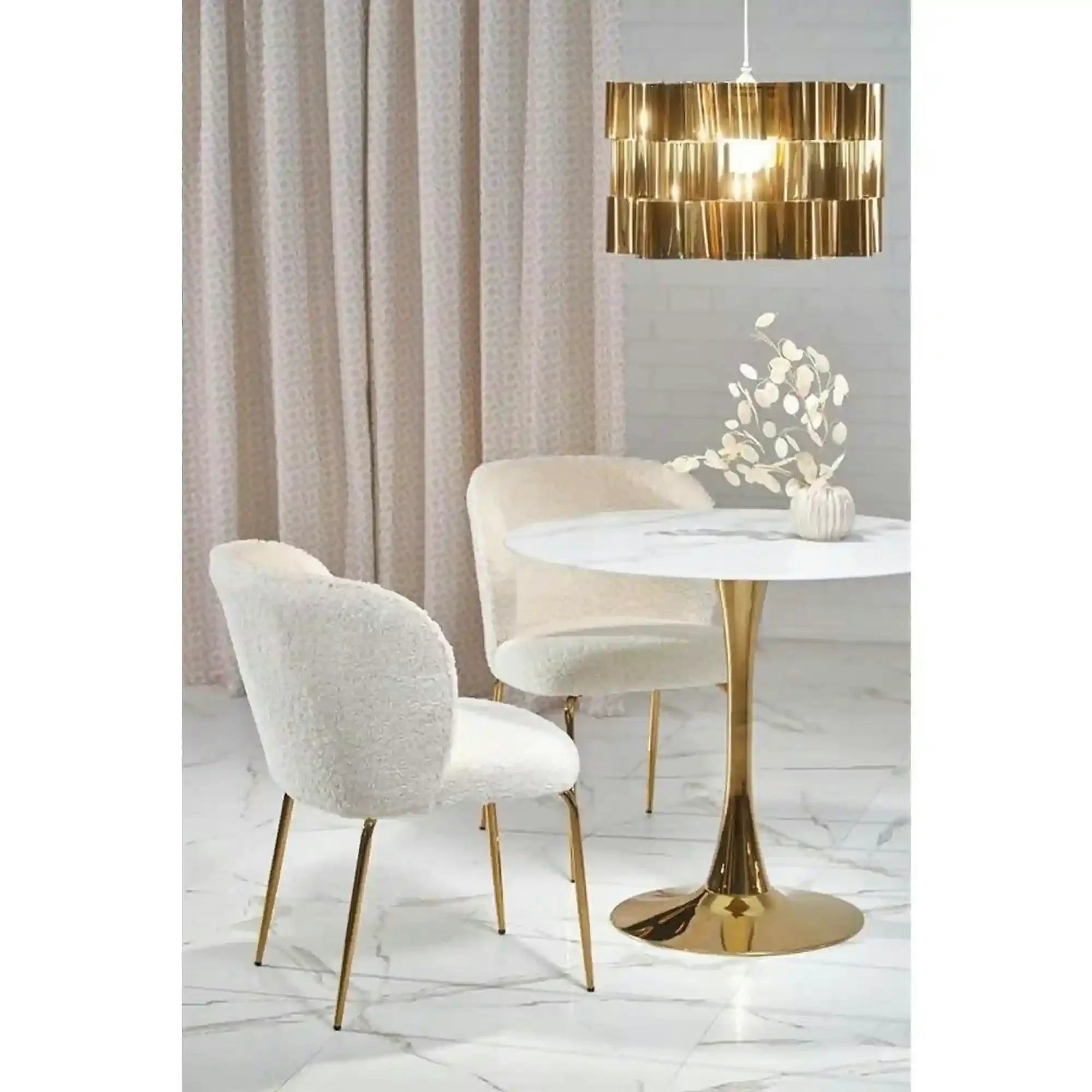 Masa rotunda cu blat de sticla CASEMIRO, alb cu efect de marmura/auriu, 90x90x75 cm