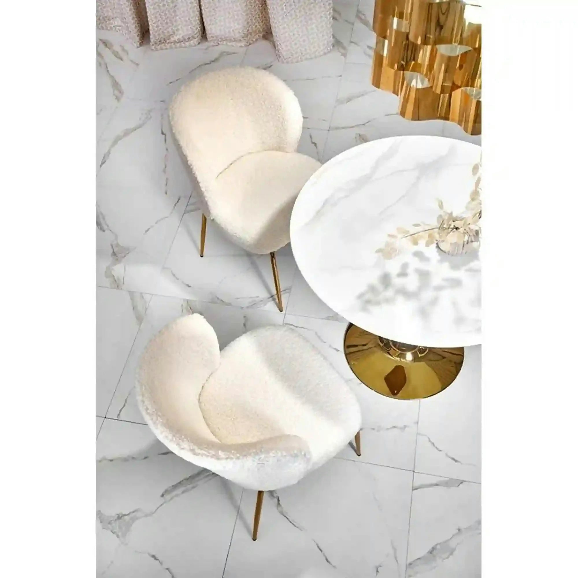Masa rotunda cu blat de sticla CASEMIRO, alb cu efect de marmura/auriu, 90x90x75 cm