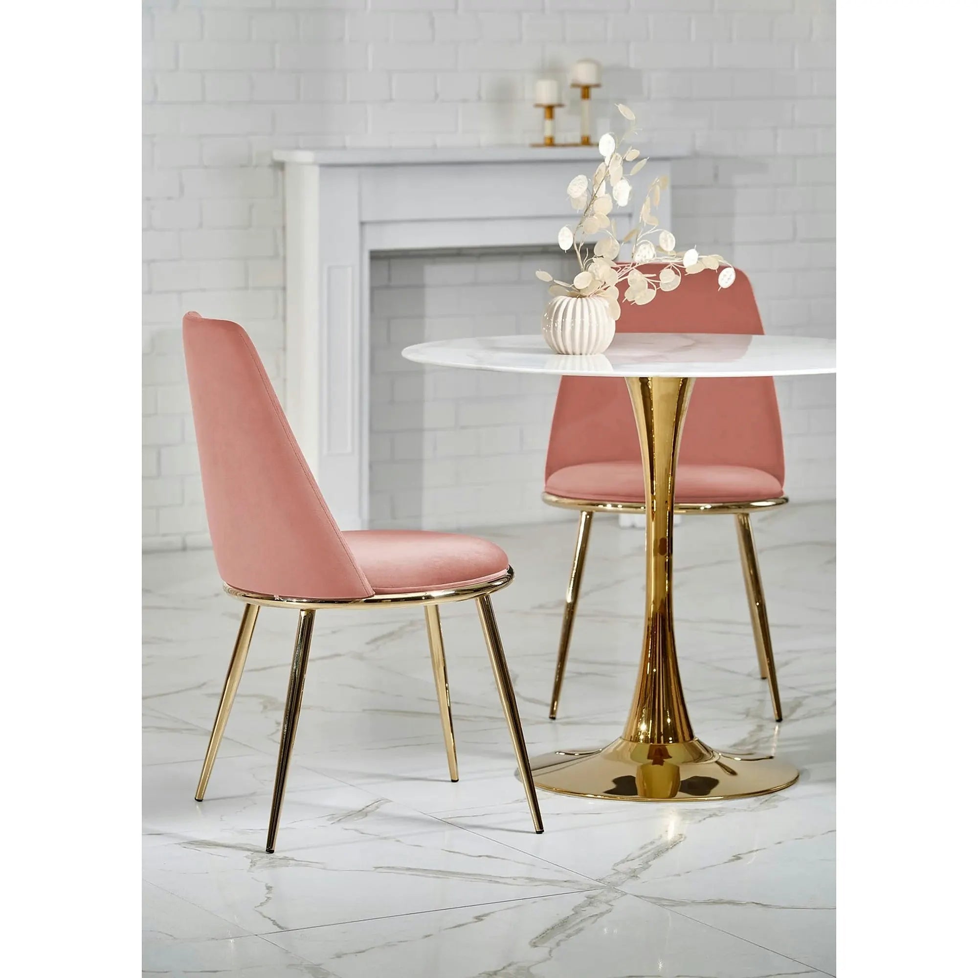Masa rotunda cu blat de sticla CASEMIRO, alb cu efect de marmura/auriu, 90x90x75 cm
