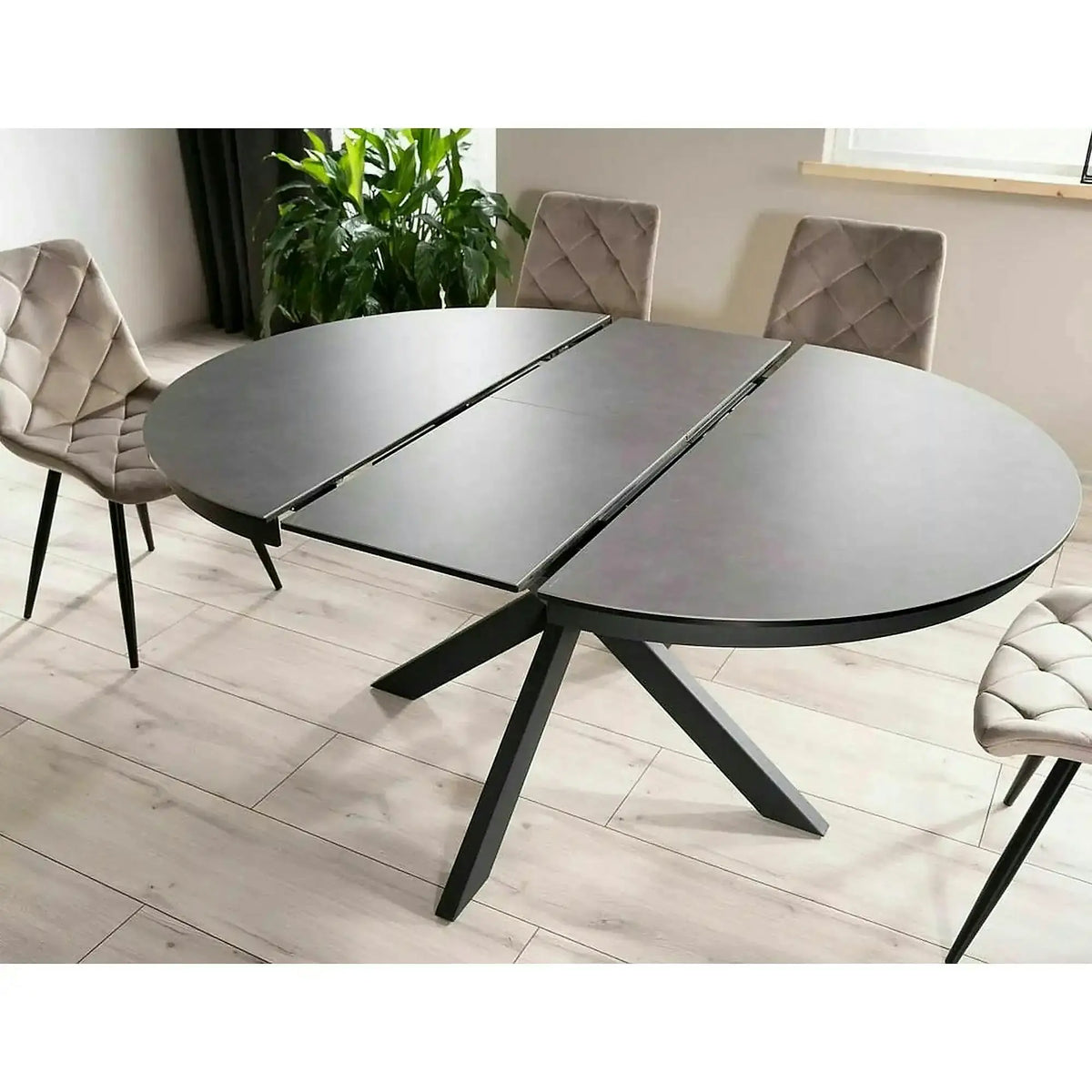 Masa rotunda extensibila 120 cm PORTO, gri inchis/negru mat, sticla securizata/metal
