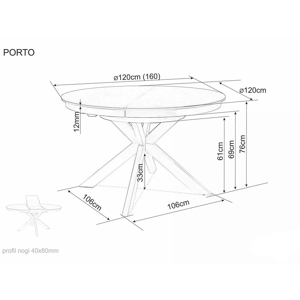 Masa rotunda extensibila 120 cm PORTO, gri inchis/negru mat, sticla securizata/metal