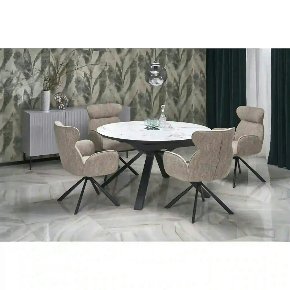Masa rotunda extensibila 6 persoane VERTIGO, alb cu efect de marmura/negru, 130/180x130x76 cm