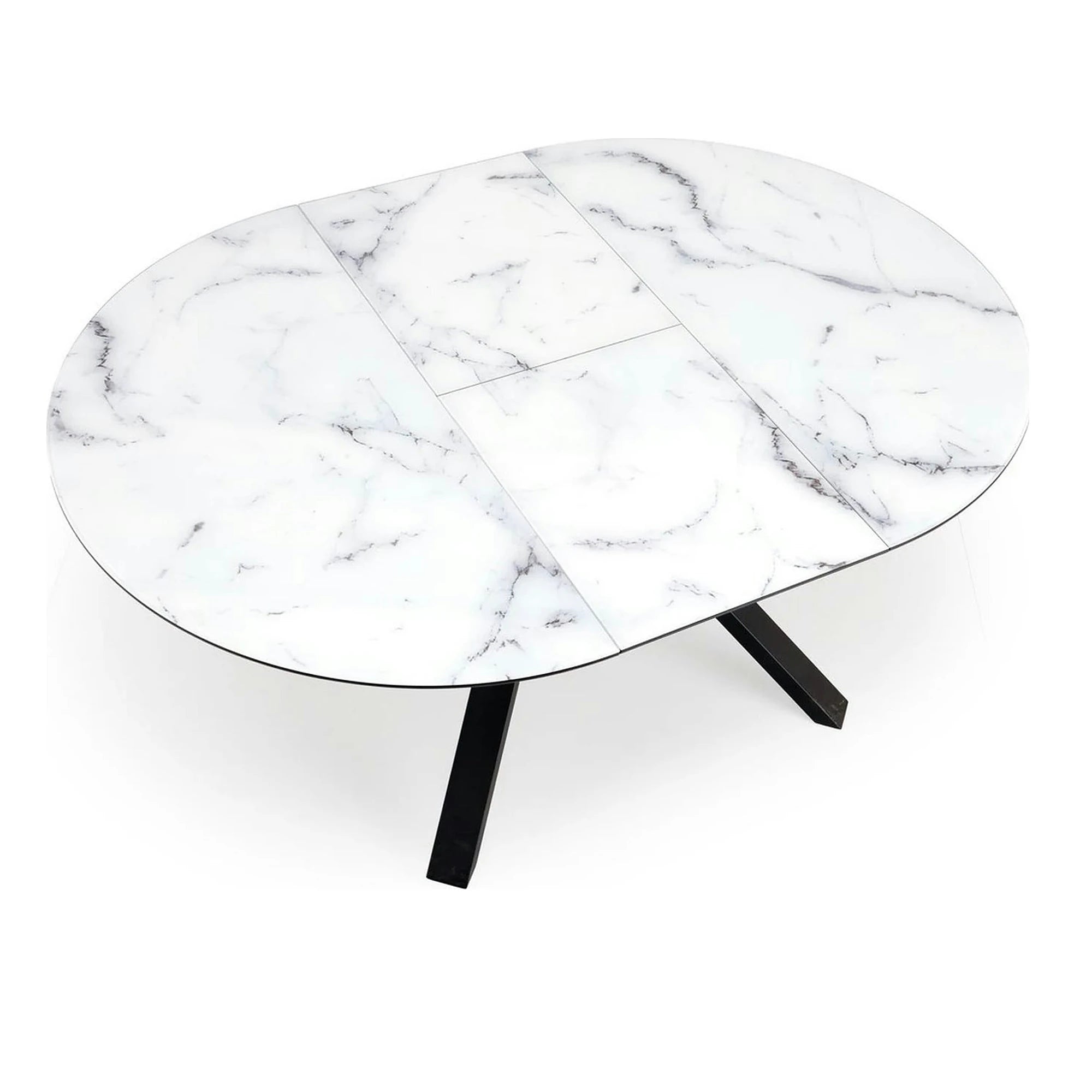 Masa rotunda extensibila 6 persoane VERTIGO, alb cu efect de marmura/negru, 130/180x130x76 cm