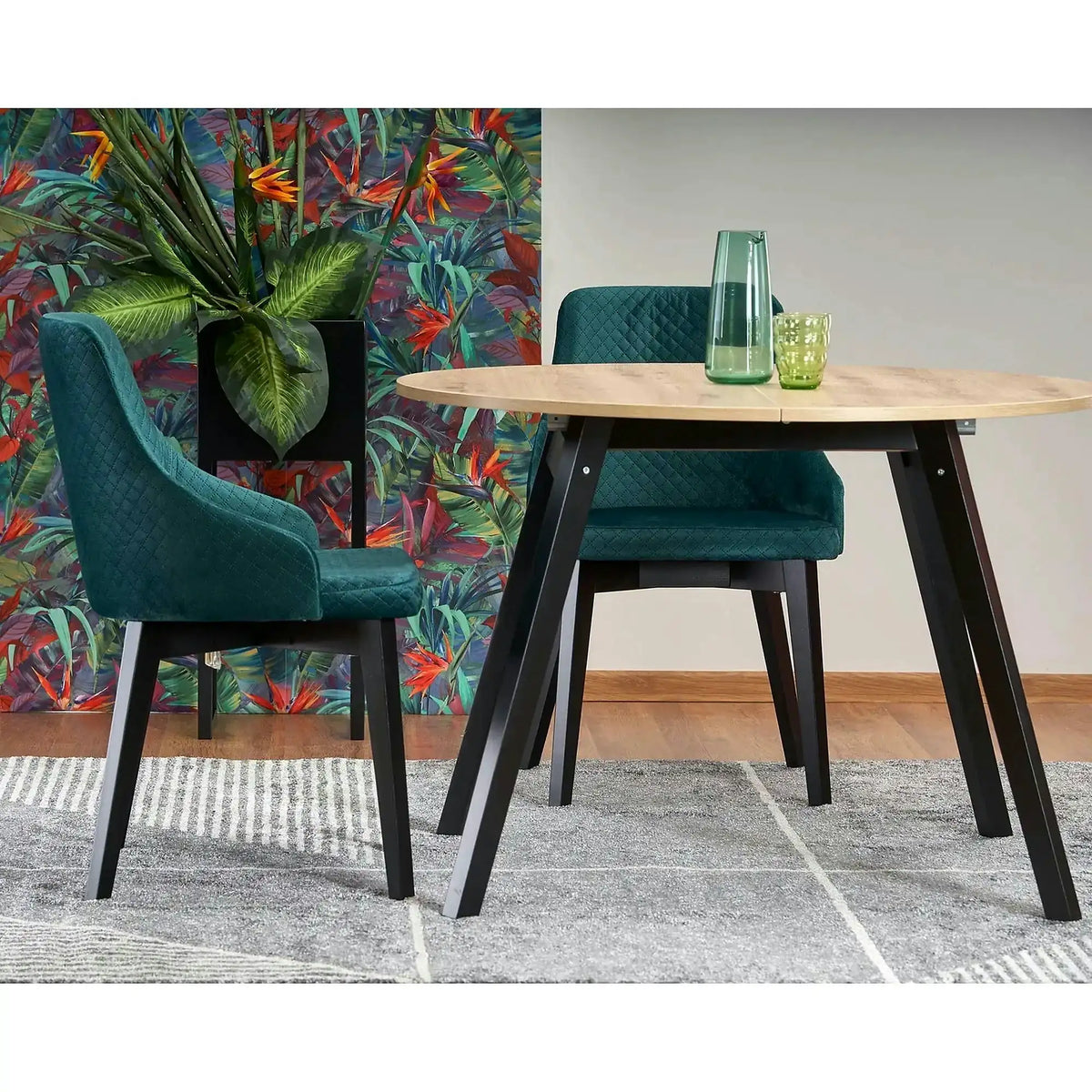 Masa rotunda extensibila bucatarie RUBEN, stejar artisan/negru, 102/142x102x73 cm