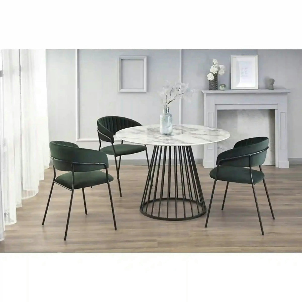 Masa rotunda sufragerie BRODWAY, alb cu efect de marmura, 110x110x75 cm