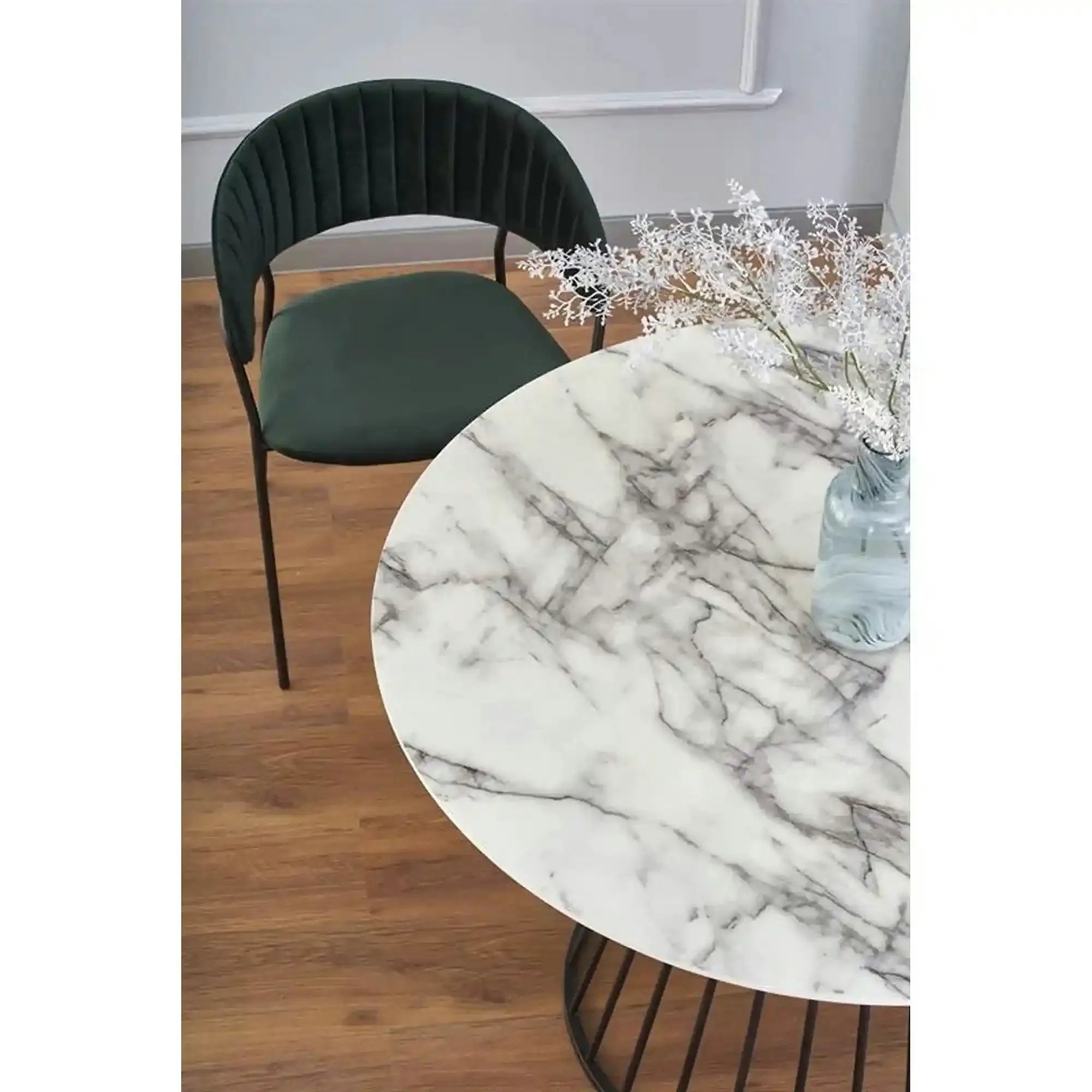 Masa rotunda sufragerie BRODWAY, alb cu efect de marmura, 110x110x75 cm