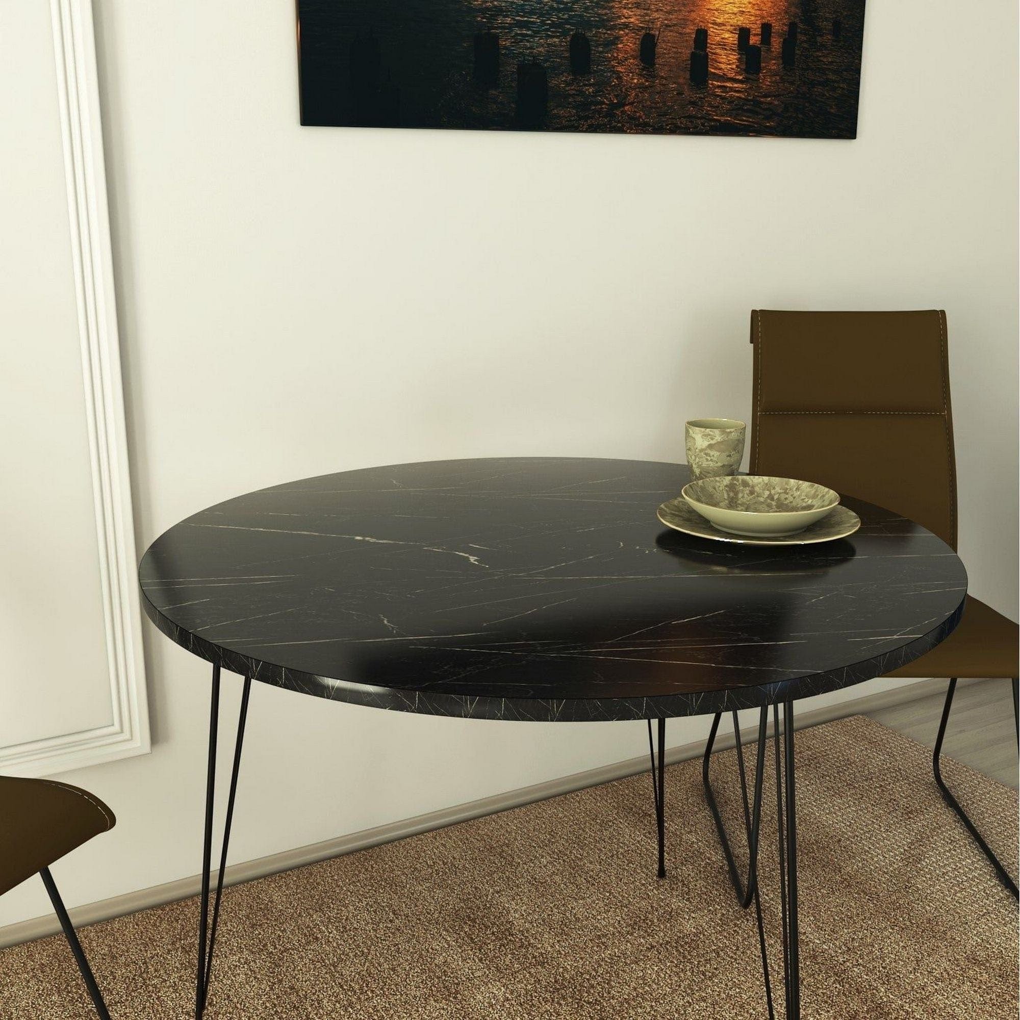 Masa SANDALF, negru cu efect de marmura, PAL melaminat, 90x90x75 cm
