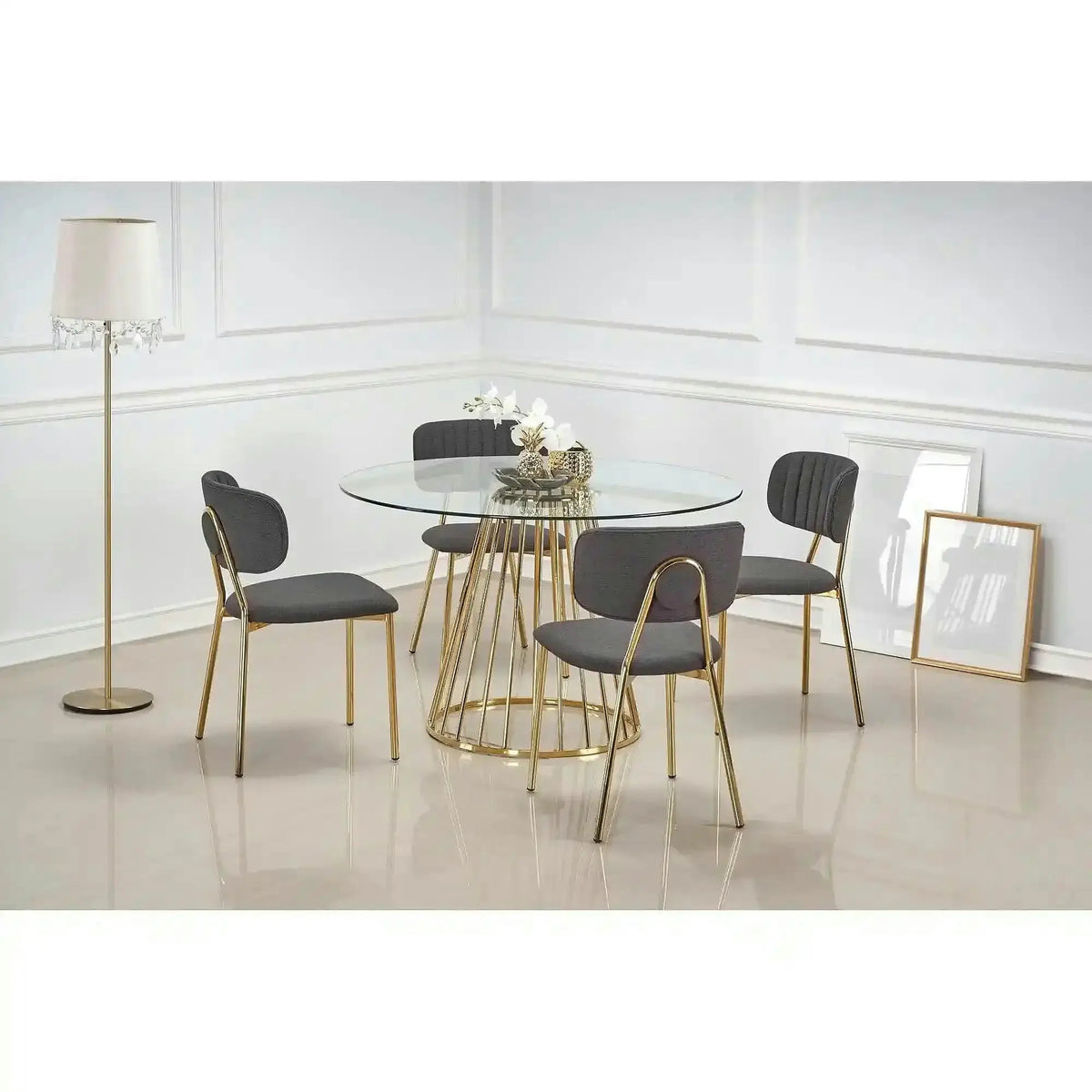 Masa sticla rotunda bucatarie LIVERPOOL, transparent/auriu, 120x120x75 cm