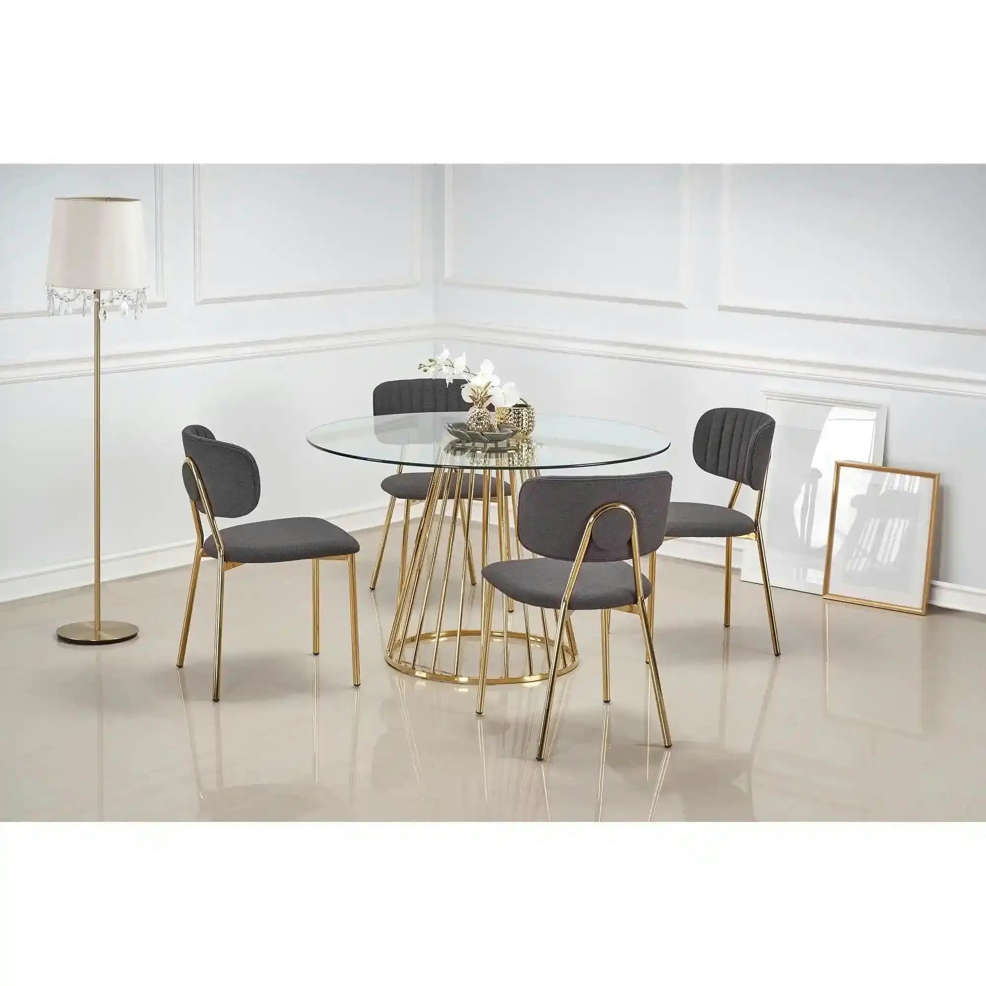 Masa sticla rotunda bucatarie LIVERPOOL, transparent/auriu, 120x120x75 cm