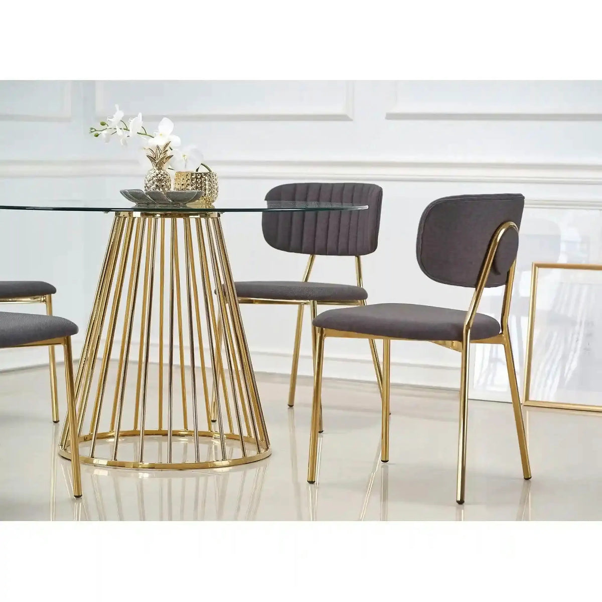 Masa sticla rotunda bucatarie LIVERPOOL, transparent/auriu, 120x120x75 cm
